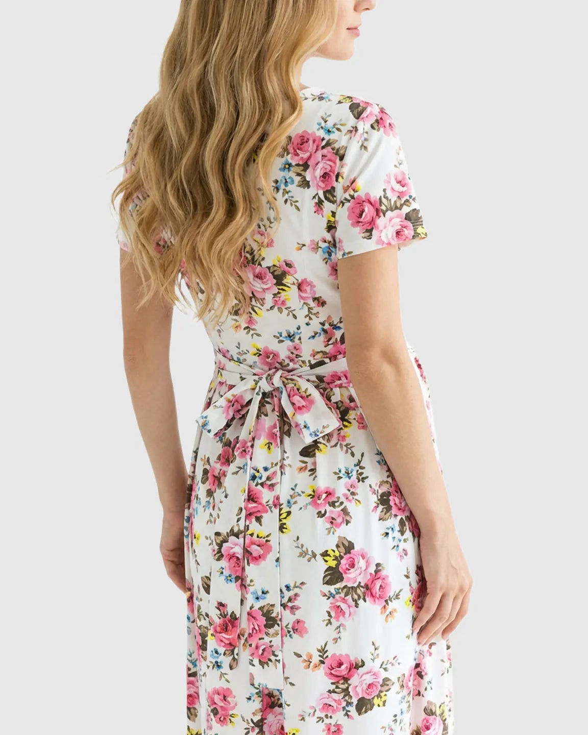 Floral V-Neck Tie-Belt Nursing Maxi Dress