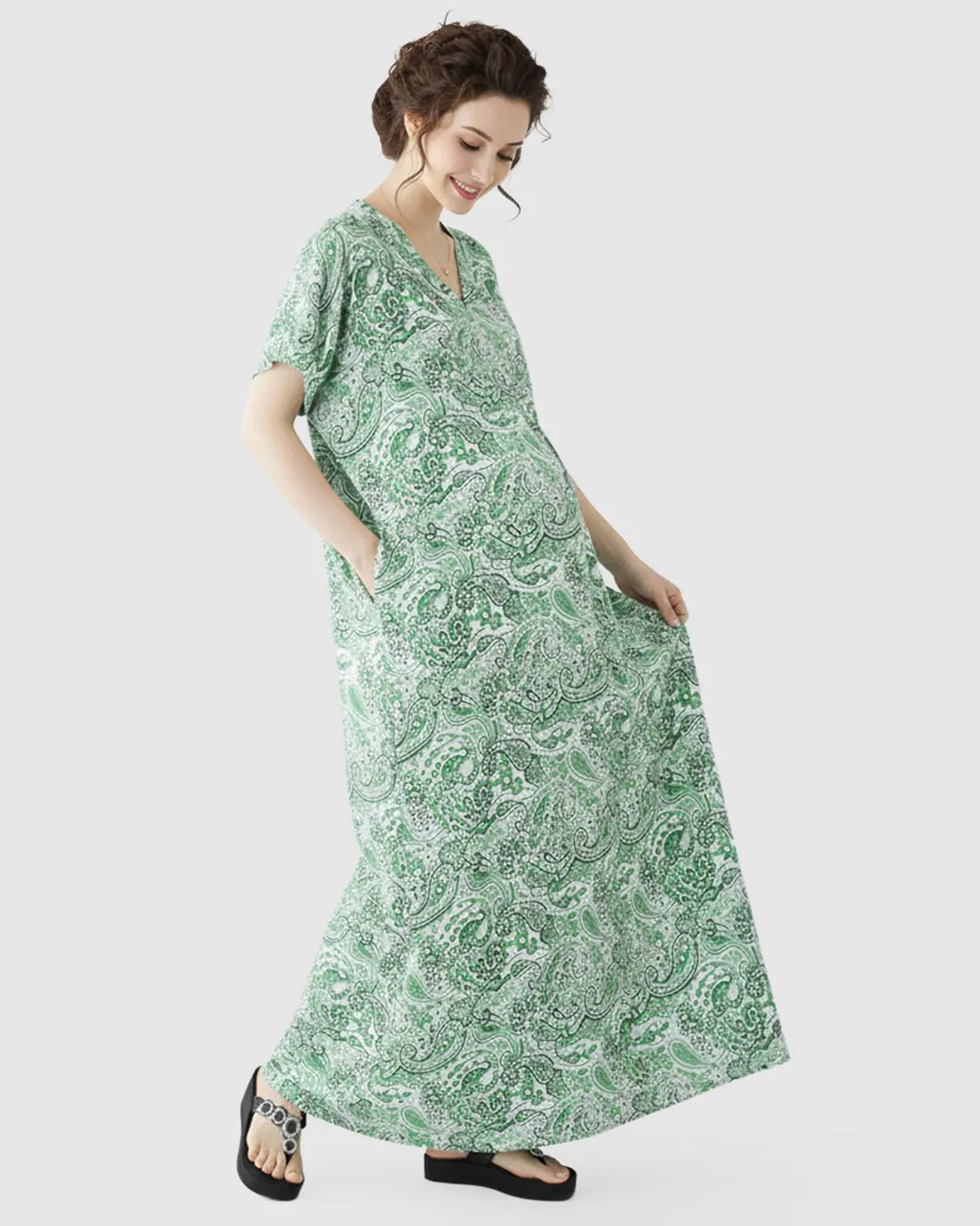 V-neck Ethnic Floral Print Maternity Maxi Dress