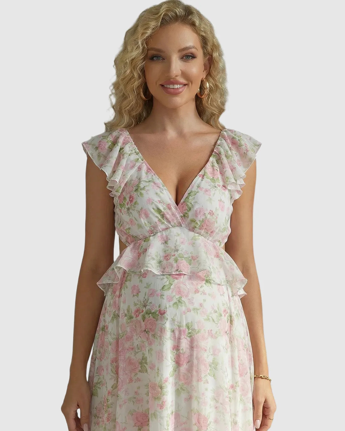 Ruffle Cap Sleeve Romantic Floral Maternity Photoshoot Dress