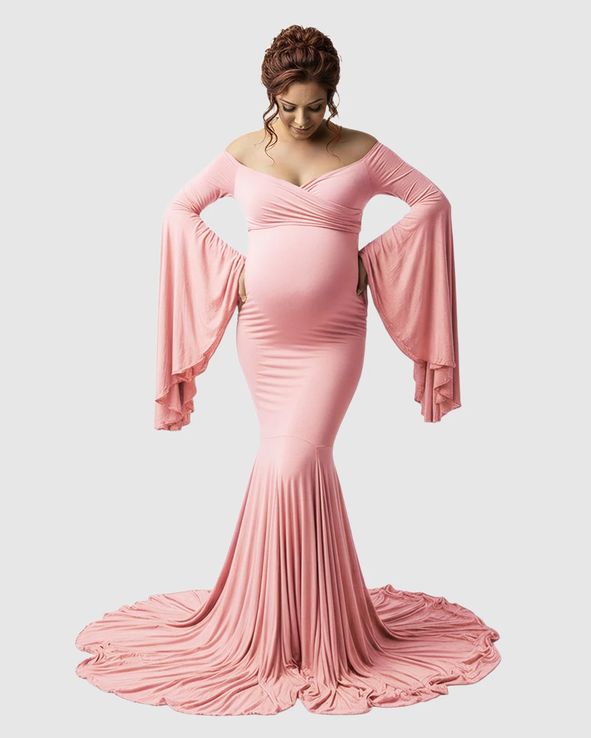 Flared Sleeve Fishtail Train Maternity Photoshoot Dress