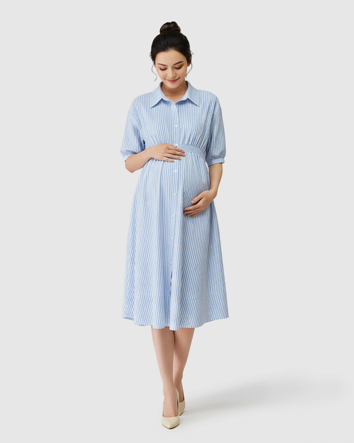 Gathered Waist Striped Shirt Maternity Dress