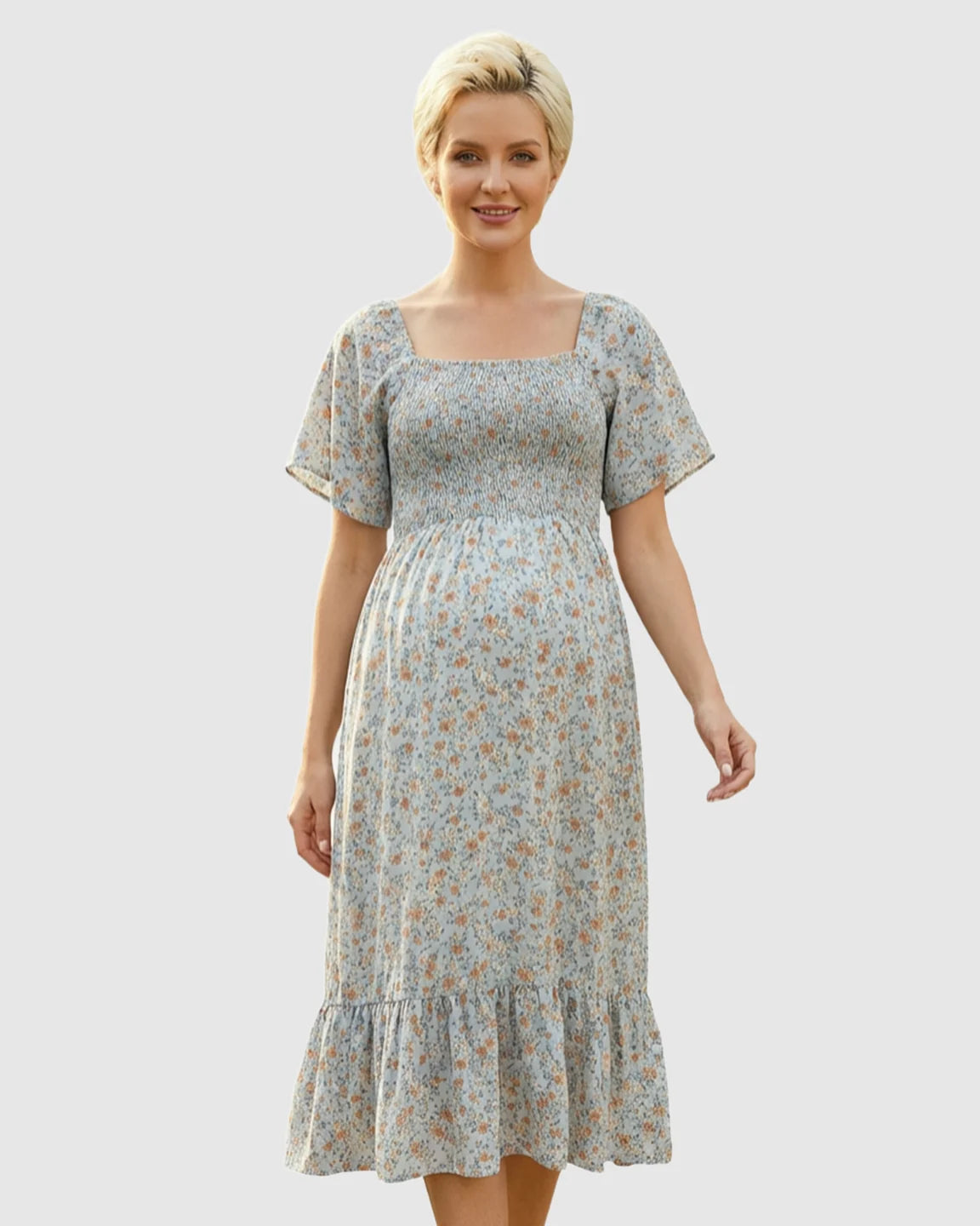 Smocked Bodice Square Neck Maternity Midi Dress