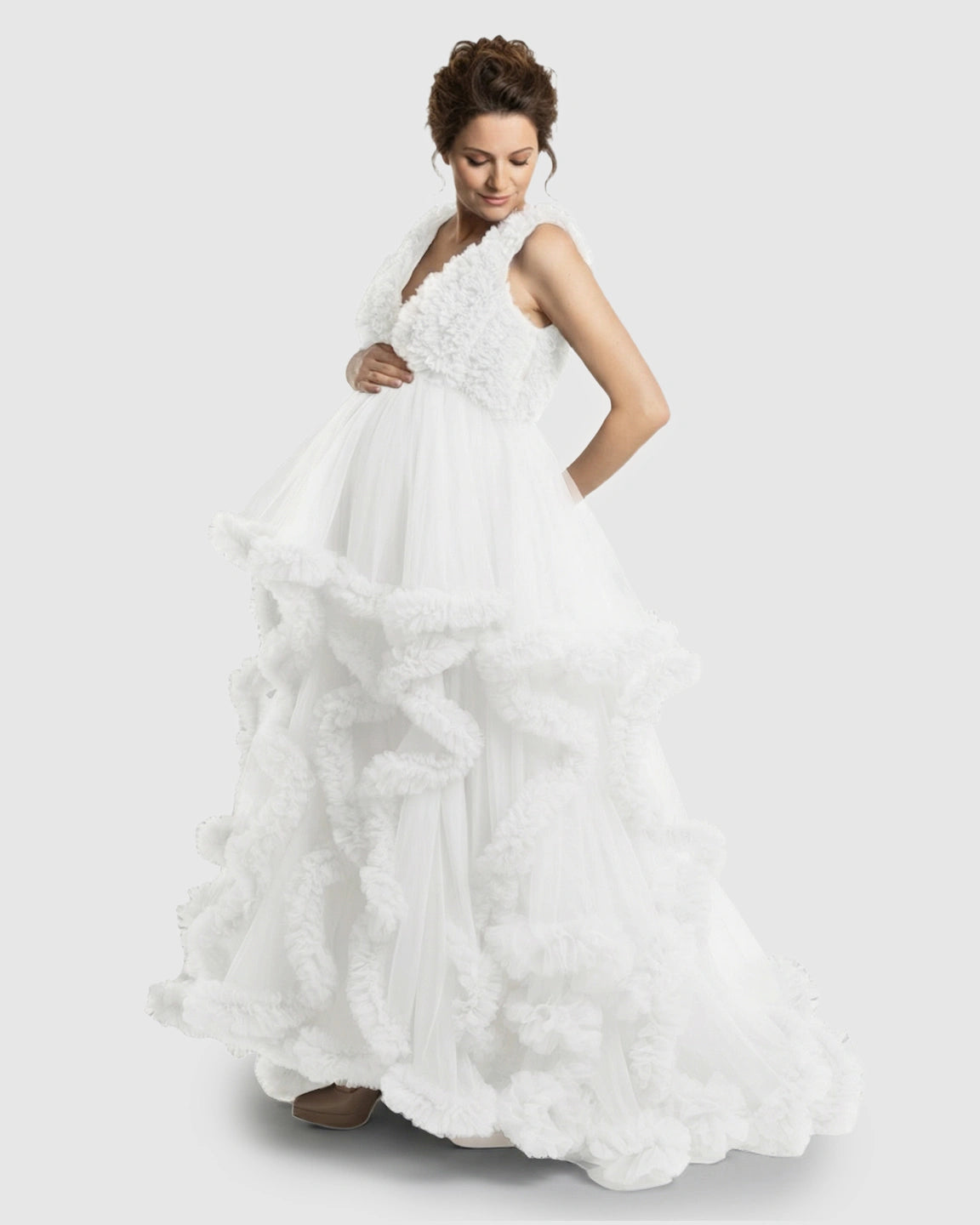 Ruffled Bodice Multi-Layer Mesh Pleats Maternity Gown