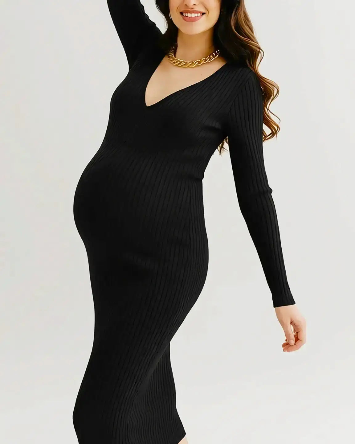 Ribbed Knit Long-Sleeve Bodycon Maternity Dress