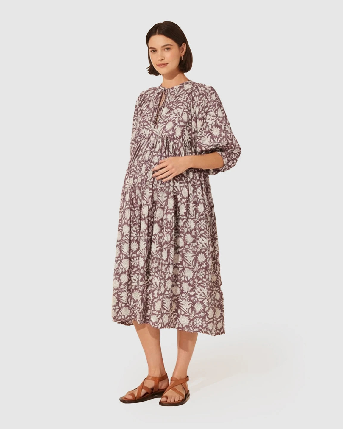 Knot Neckline Puff Sleeve Maternity Midi Dress