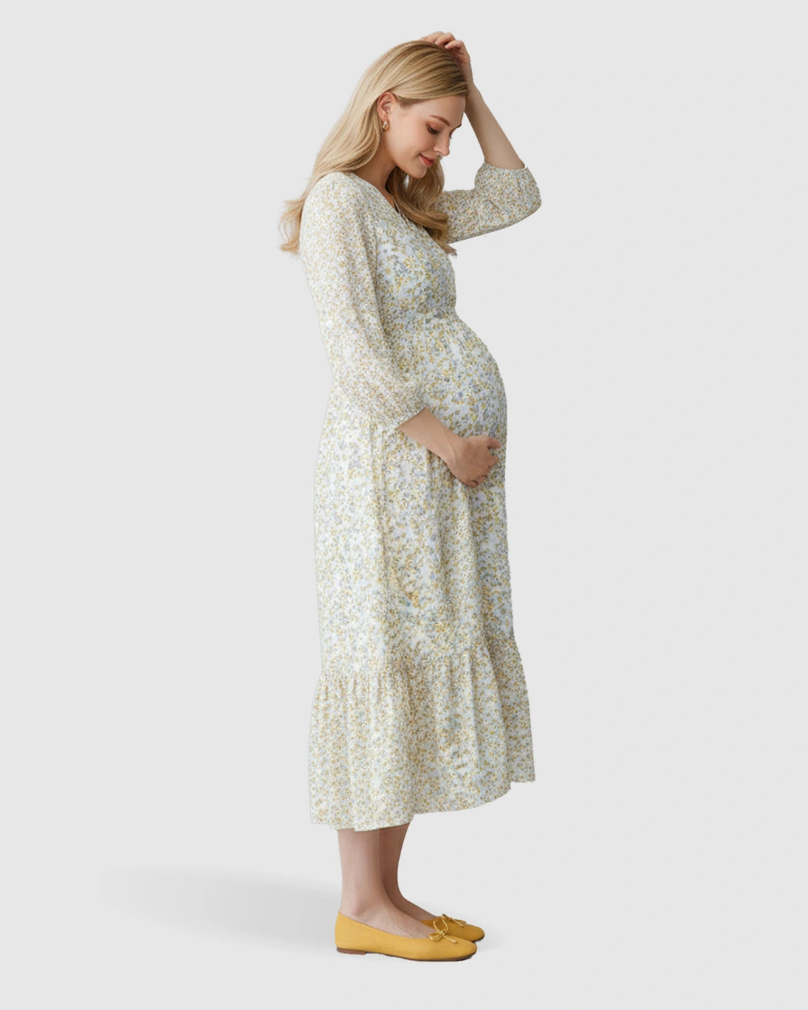 Floral Ruffle Hem Smocked Waist Maternity Midi Dress