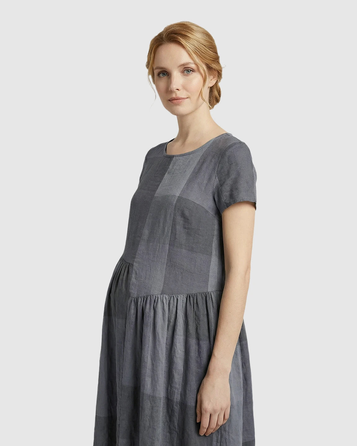 Plaid Short Sleeve Babydoll Maternity Maxi Dress