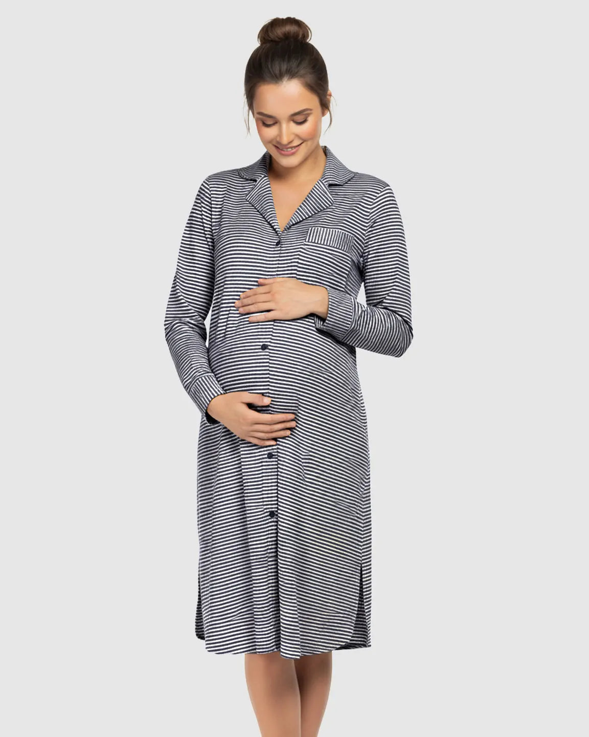 Striped Button-Front Shirt Style Maternity Sleepwear