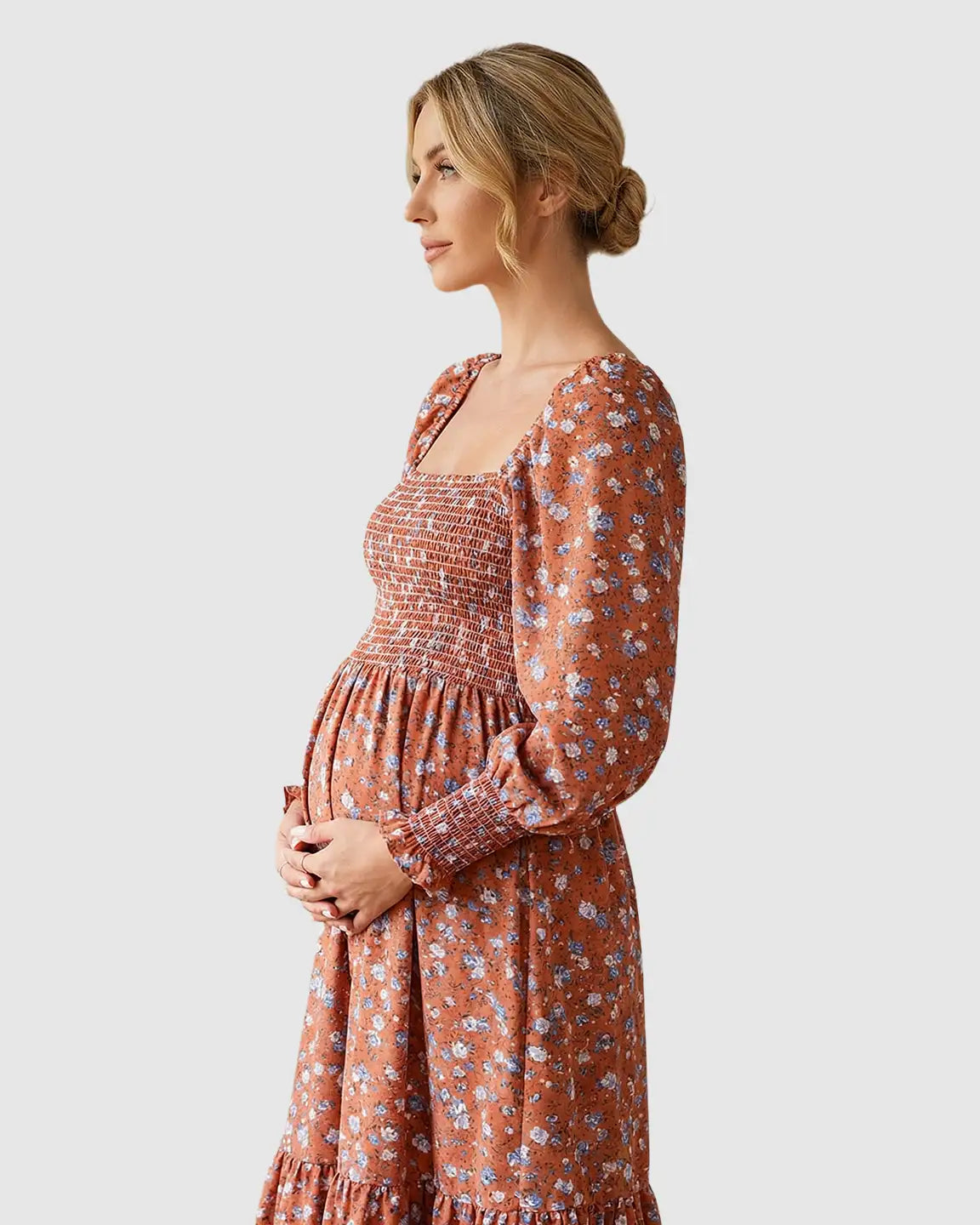 Smocked Bodice Boho Maternity Midi Dress