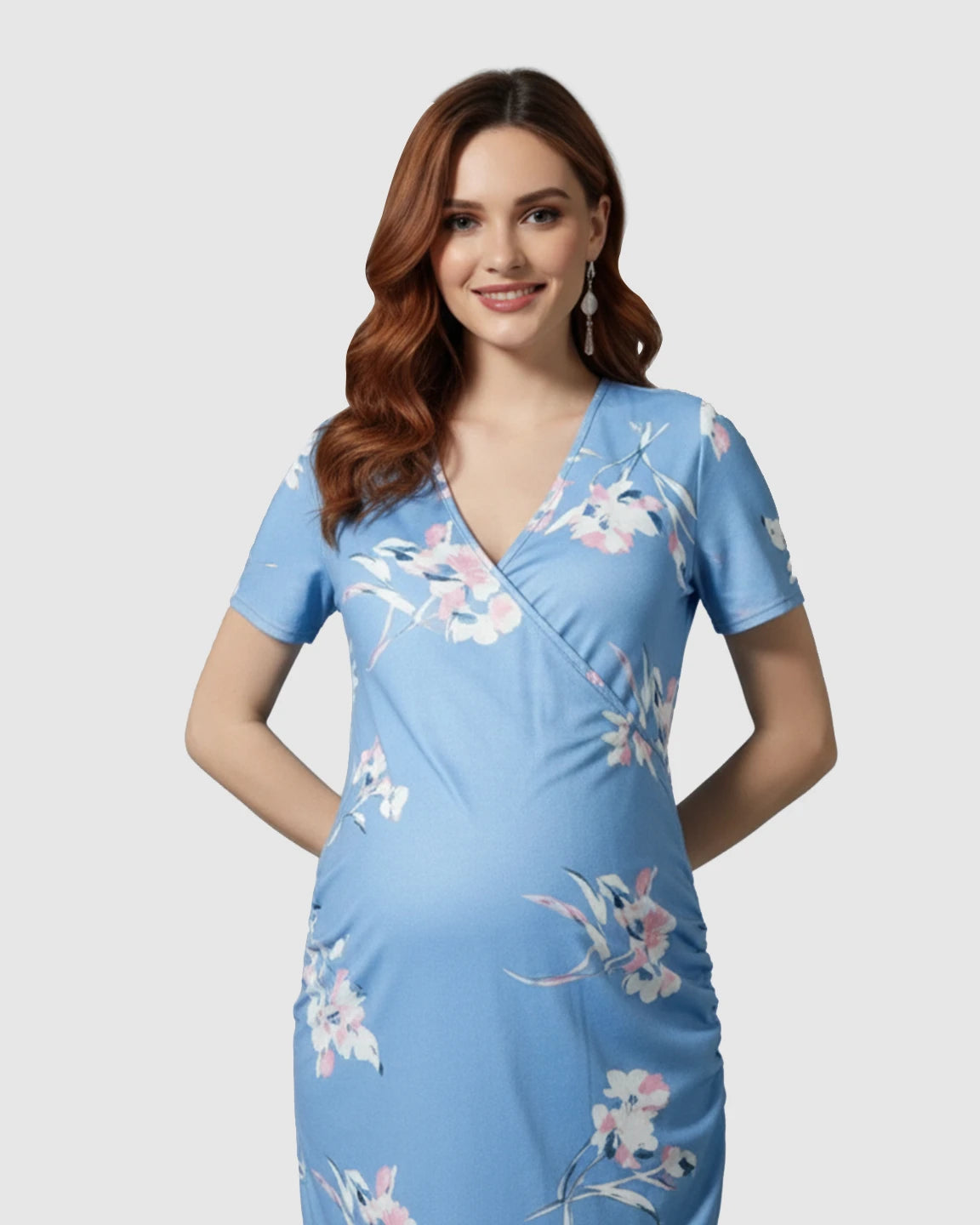 Ruched Floral Wrap Nursing & Maternity Midi Dress