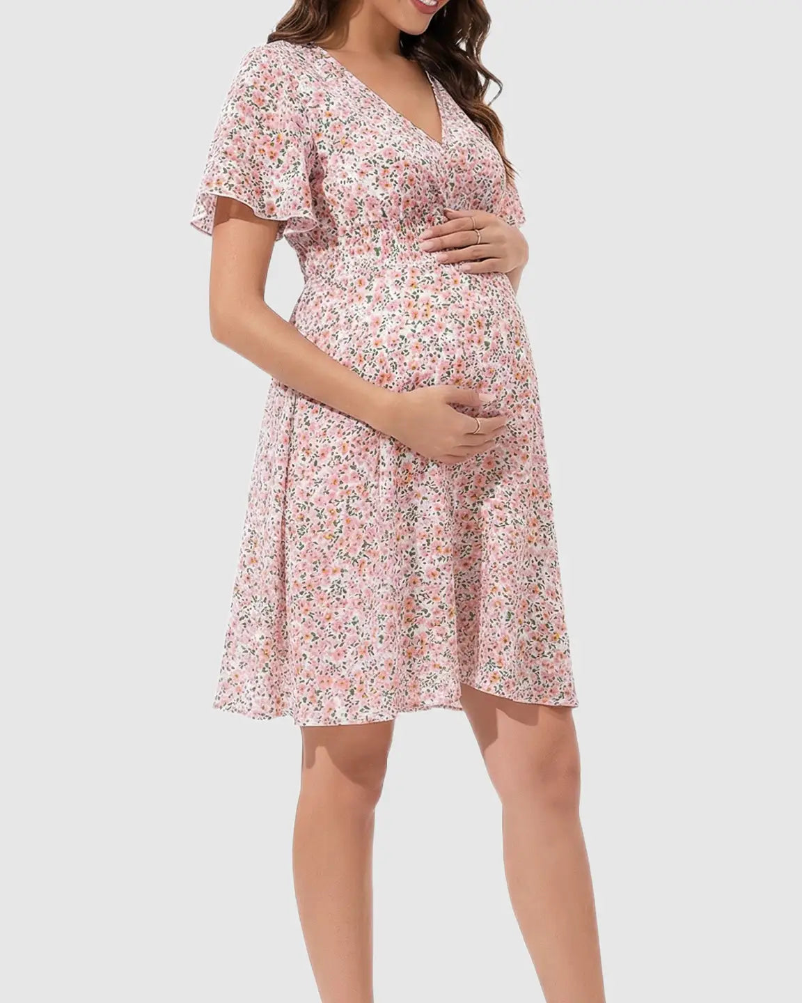Flounce-Sleeve Floral A-Line Maternity Mini Dress