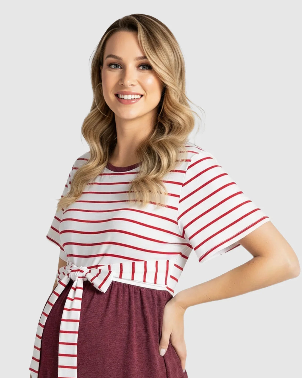 Striped Tie-Waist Casual Maternity Midi Dress