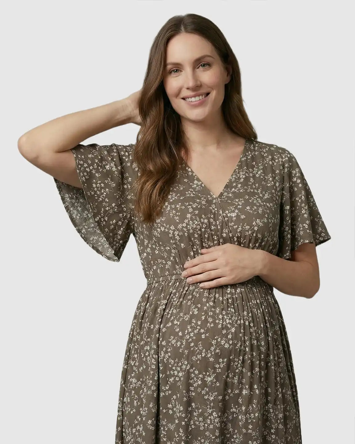 Cinched Waist Bohemian Floral Maternity Maxi Dress