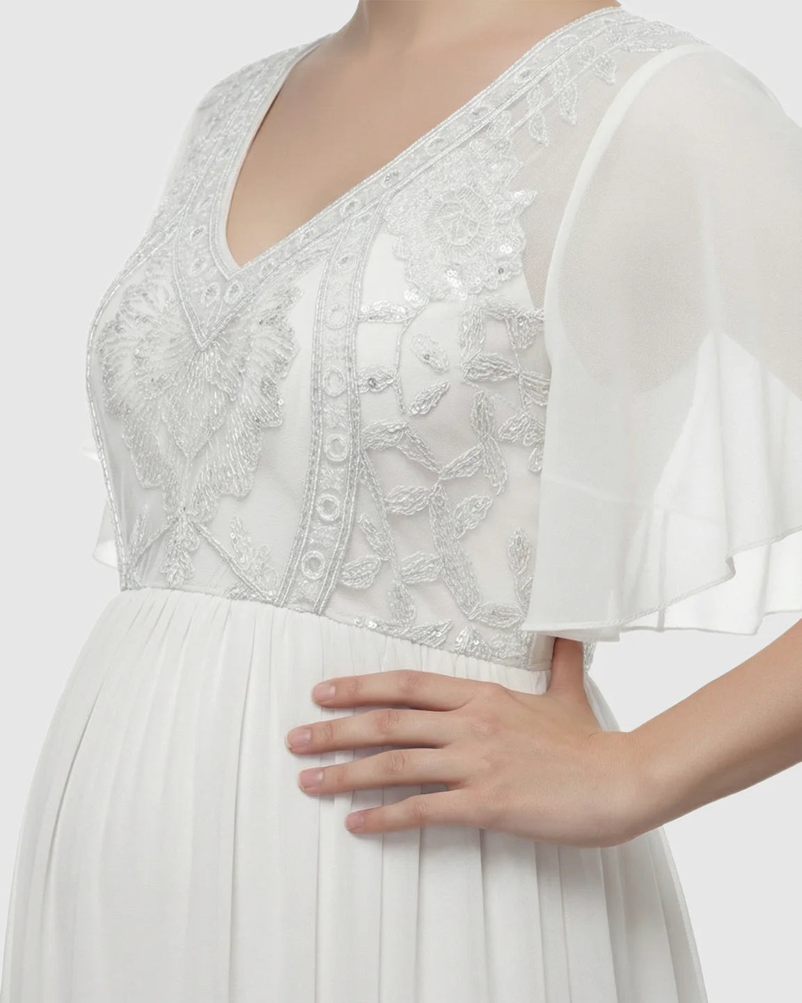 Embroidered Bodice Long Train Maternity Photoshoot Gown