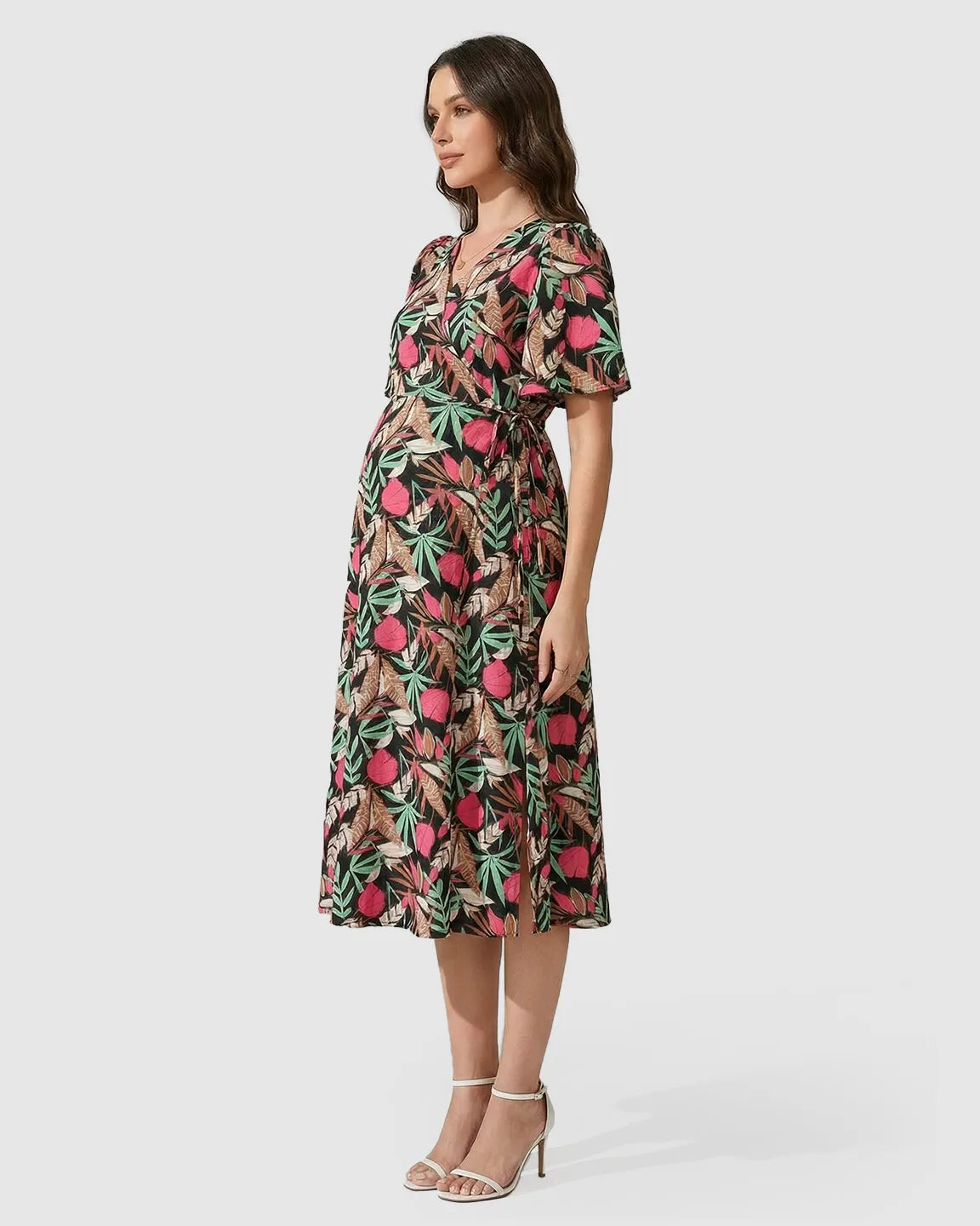 Tropical Print Tie-Waist Flowy Maternity Midi Dress