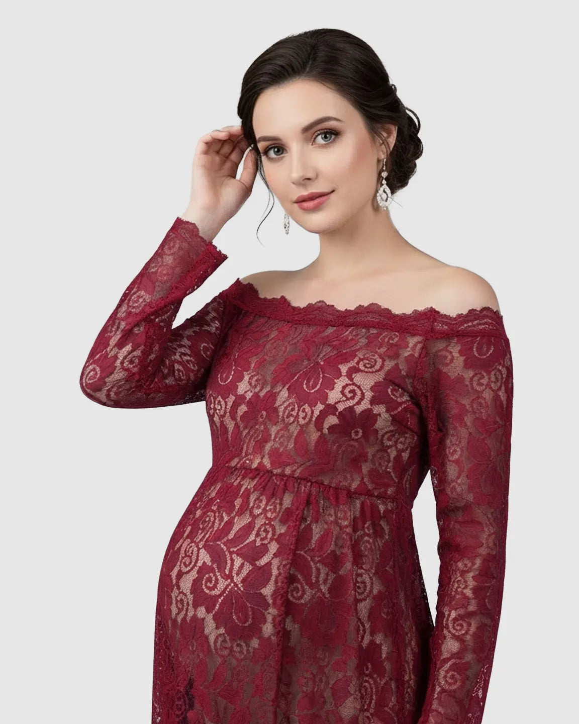 Off-Shoulder Lace Slit Maternity Gown
