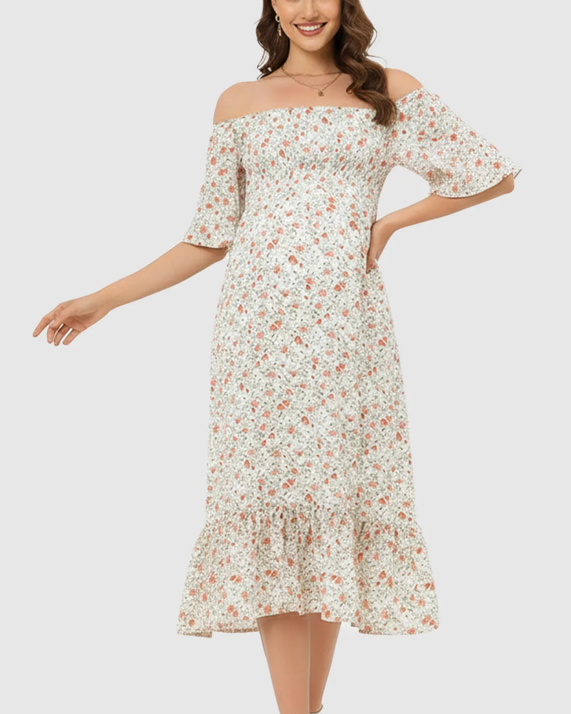 Off-Shoulder Boho Maternity Midi Dress