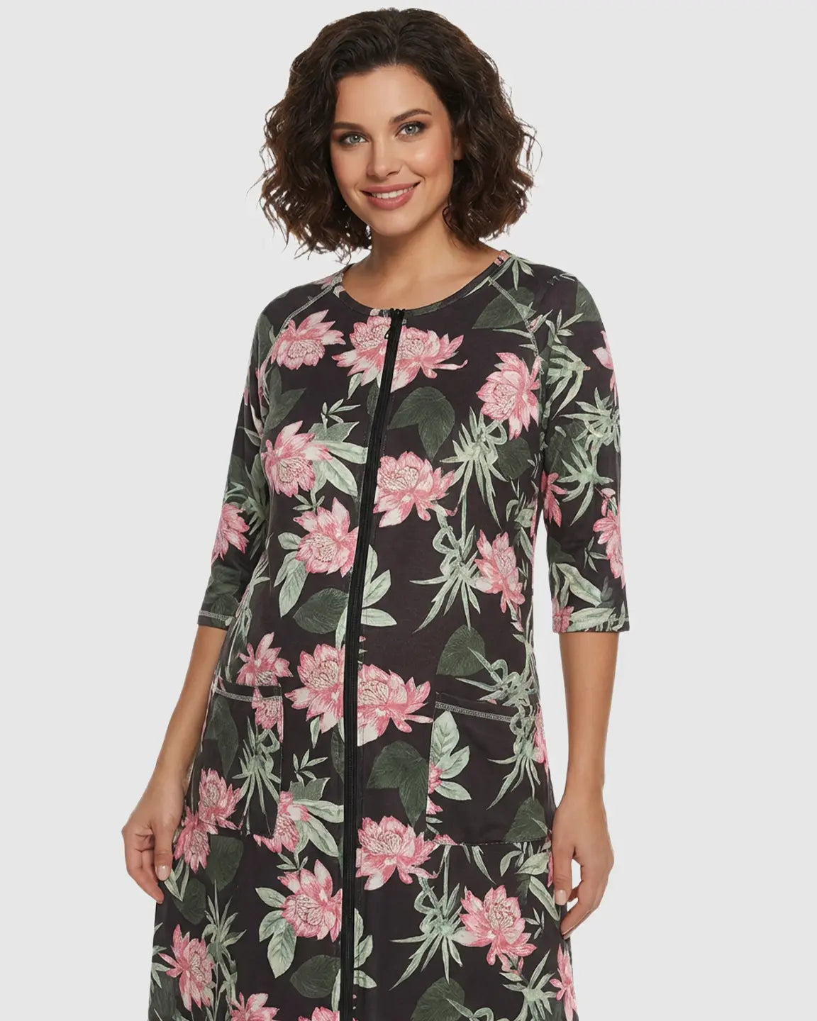 Front Zipper Floral Print Maternity Nursing Lounge Dress