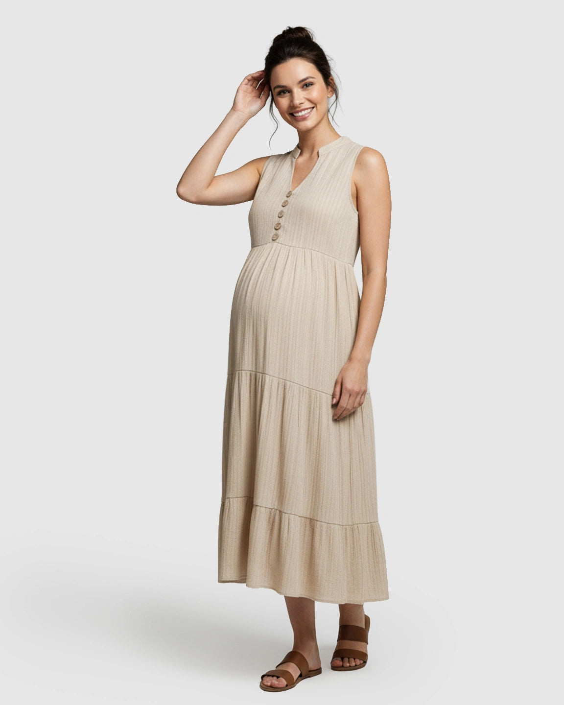 Button-Front Detail Tiered Maternity Midi Dress