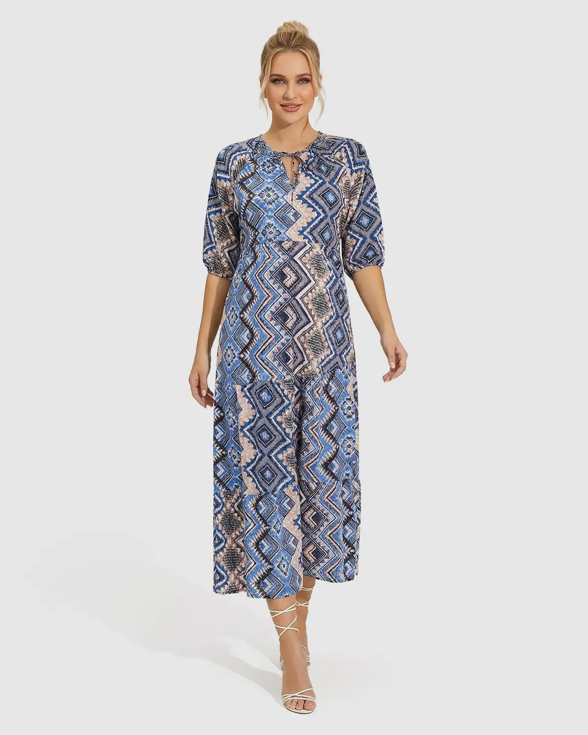 V-Neck Boho Print Maternity Midi Dress