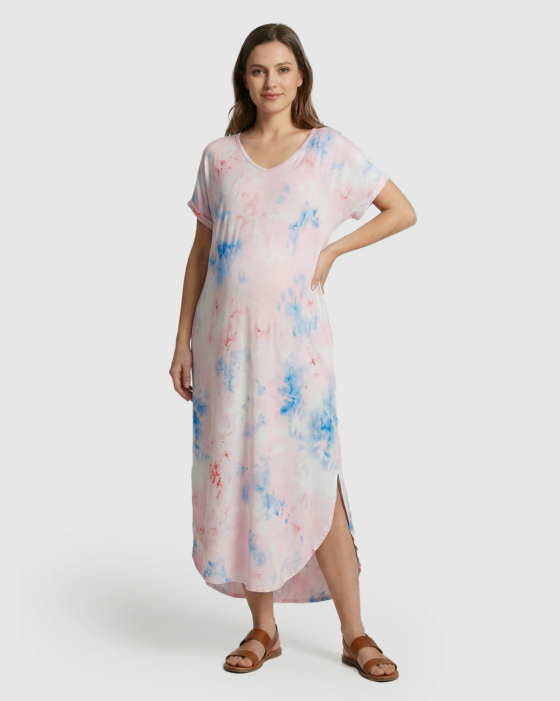 V-Neck Tie-Dye Maternity Midi Dress