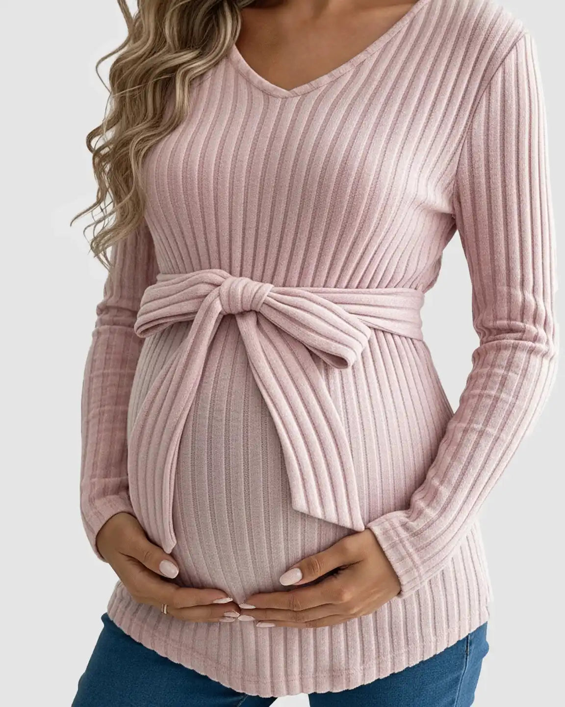 Soft Ribbed Knit Belted Long Sleeve Maternity Top