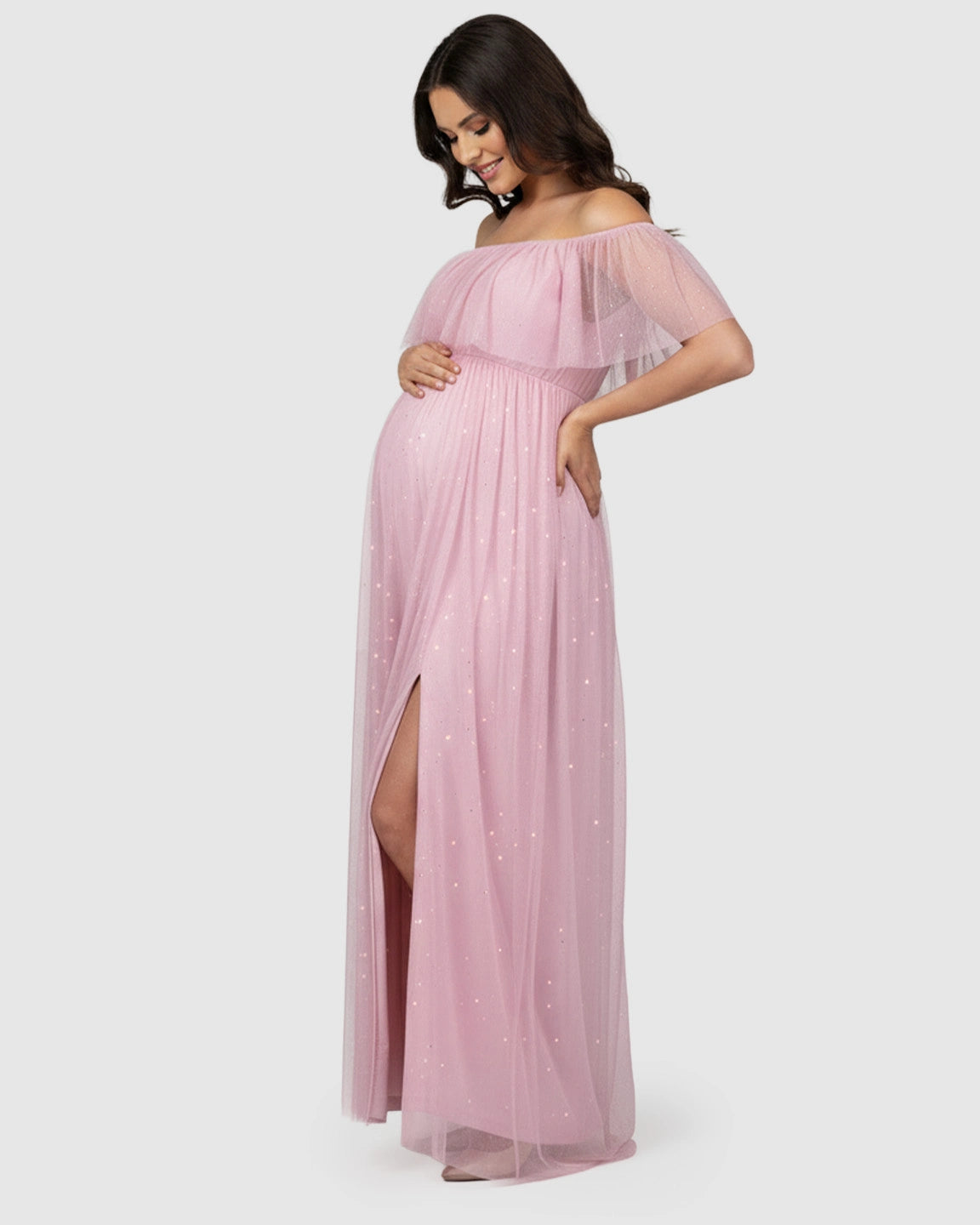 Off-Shoulder Mesh Empire Waist Maternity Maxi Dress