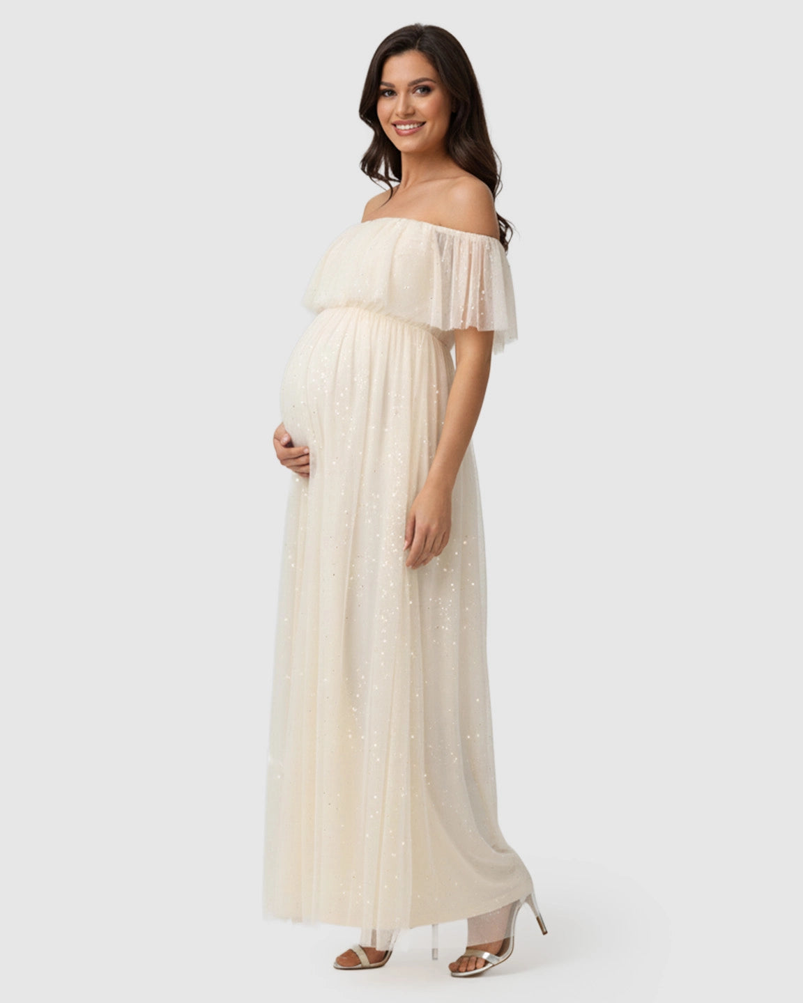 Off-Shoulder Ruffled Mesh Maternity Maxi Dress