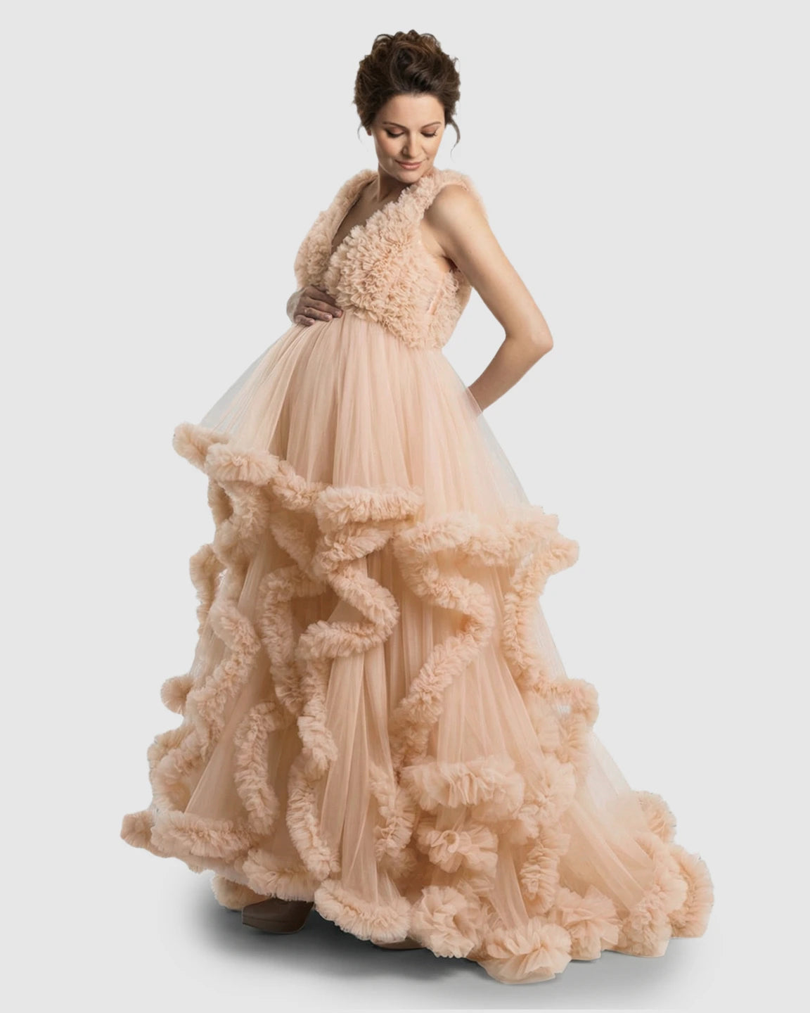 Ruffled Bodice Multi-Layer Mesh Pleats Maternity Gown