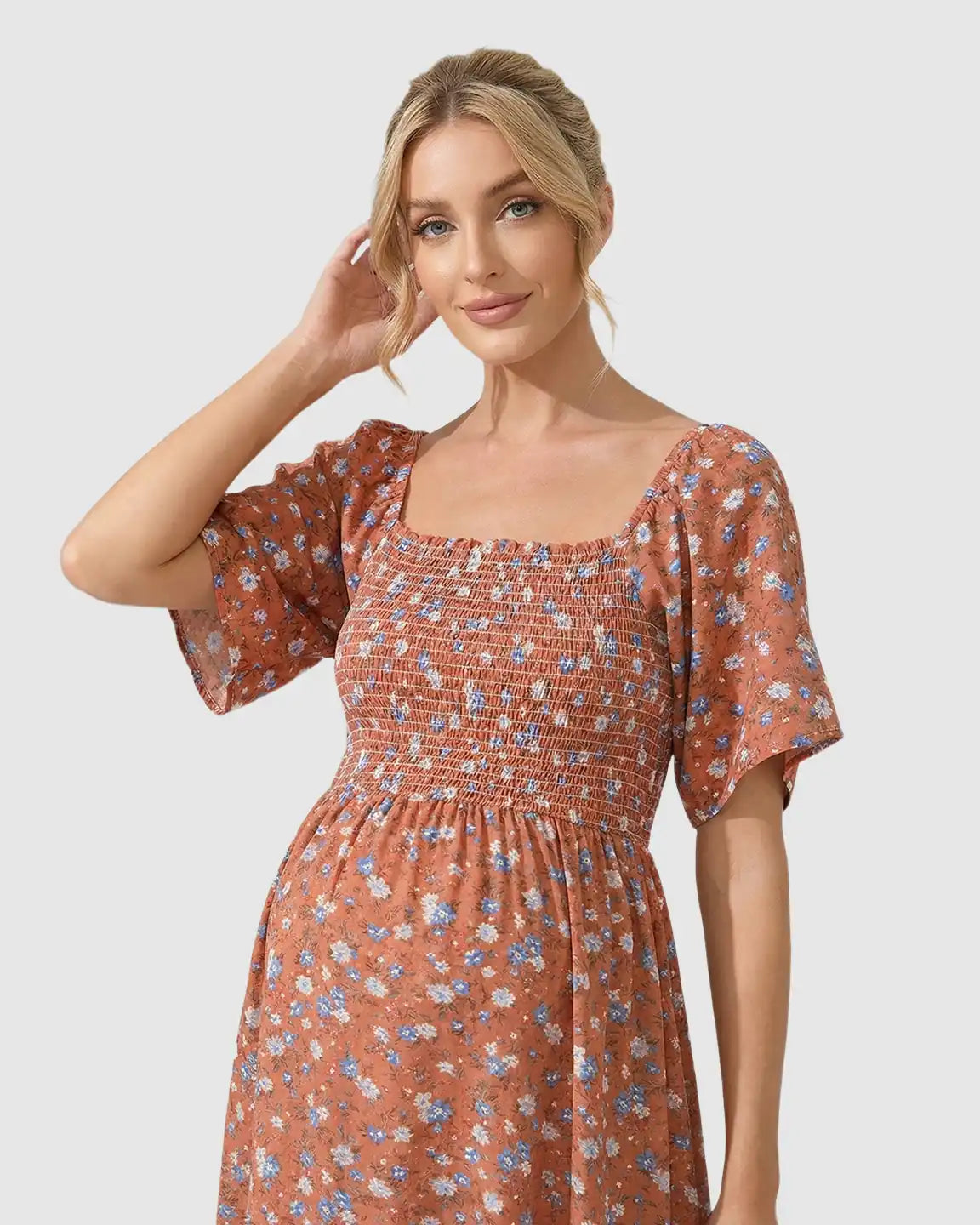 Smocked Ruffled Hem Maternity Summer Dress