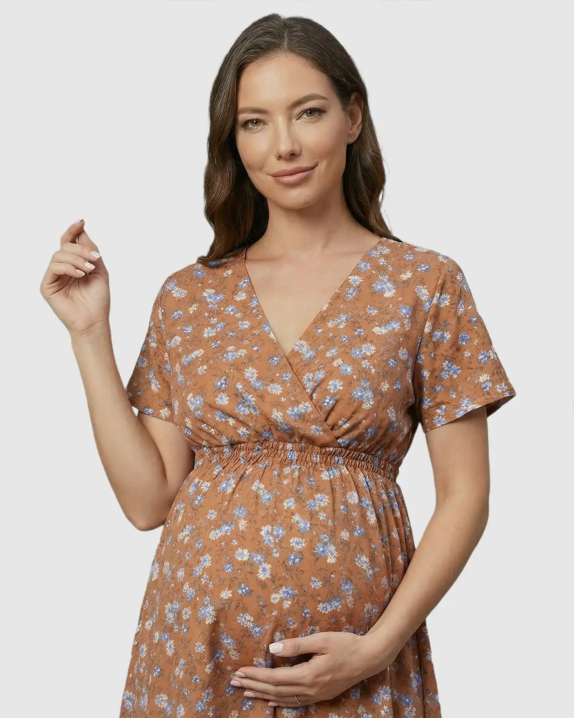 Elastic-Waist Floral Maternity Midi Dress