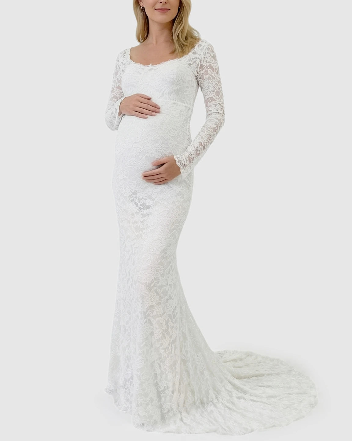 Lace Train Long-Sleeve Maternity Gown