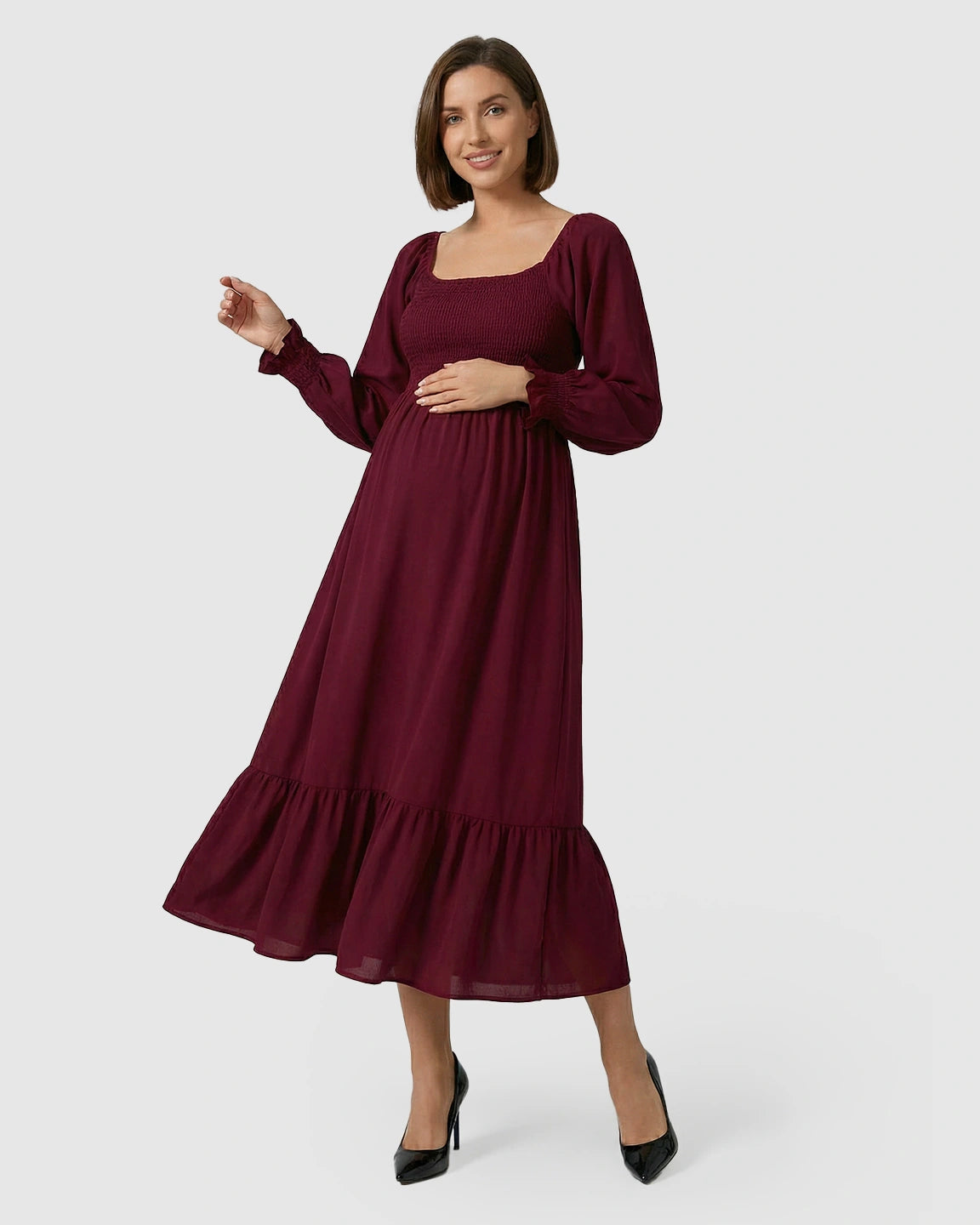 Smocked Square Neck Ruffled Hem Maternity Maxi Dress