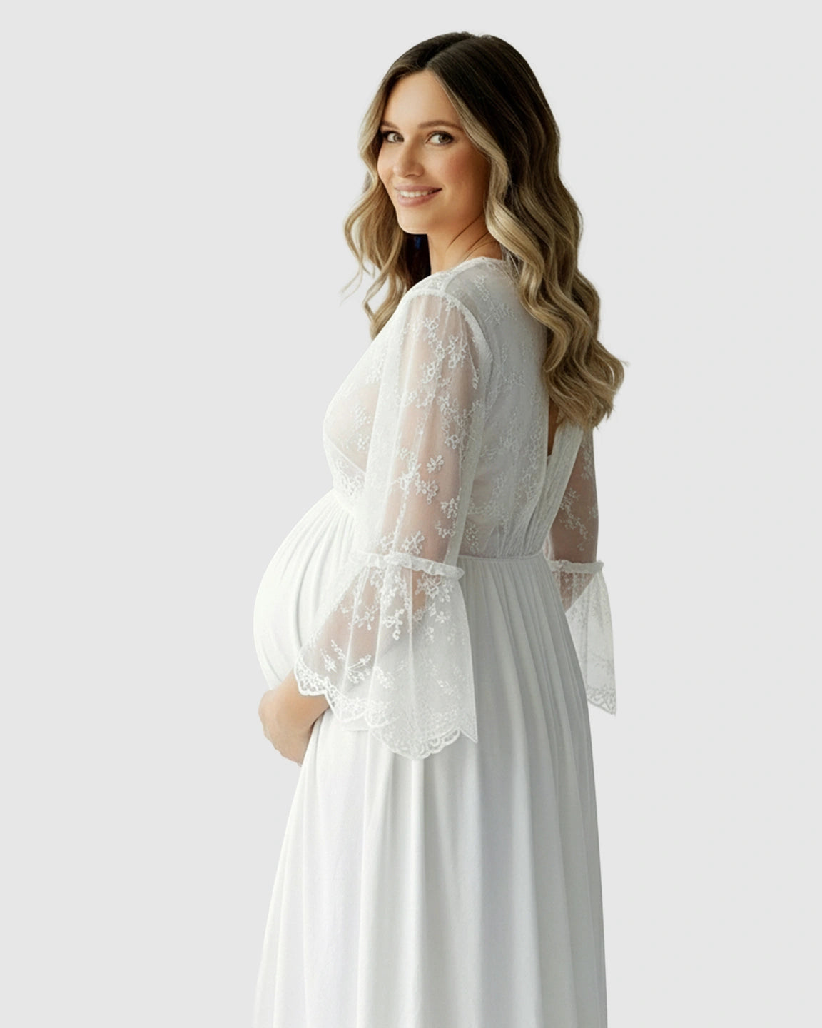 Lace Bell-Sleeve V-Neck Maternity Gown