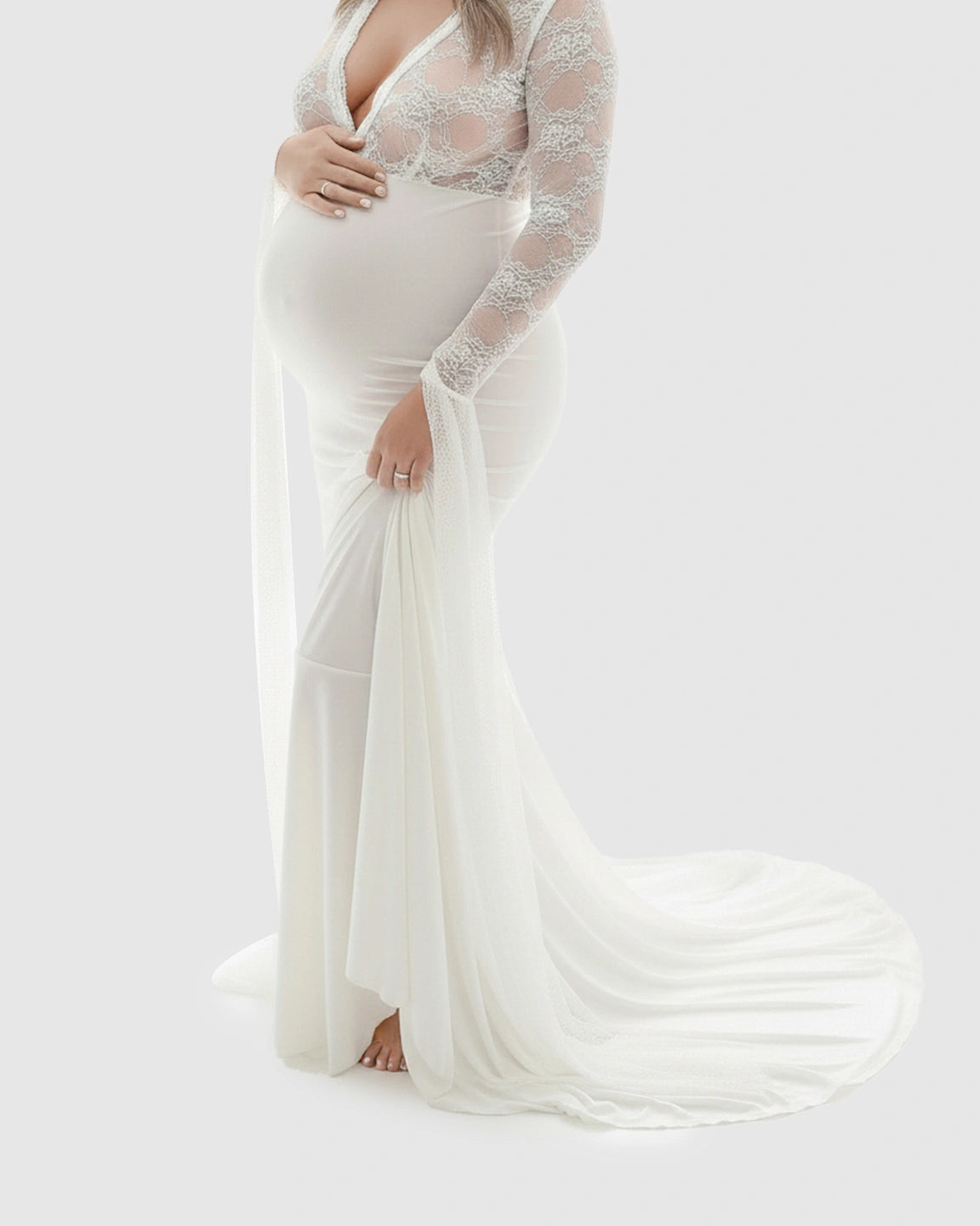 Lace Deep-V Floor-Length Maternity Gown