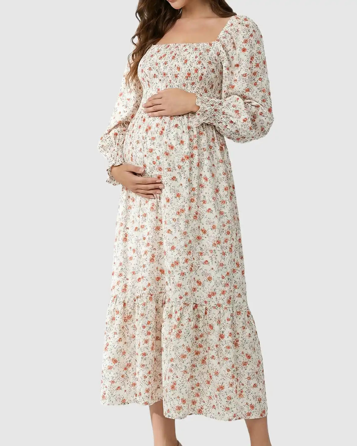 Smocked Boho Style Maternity Midi Dress