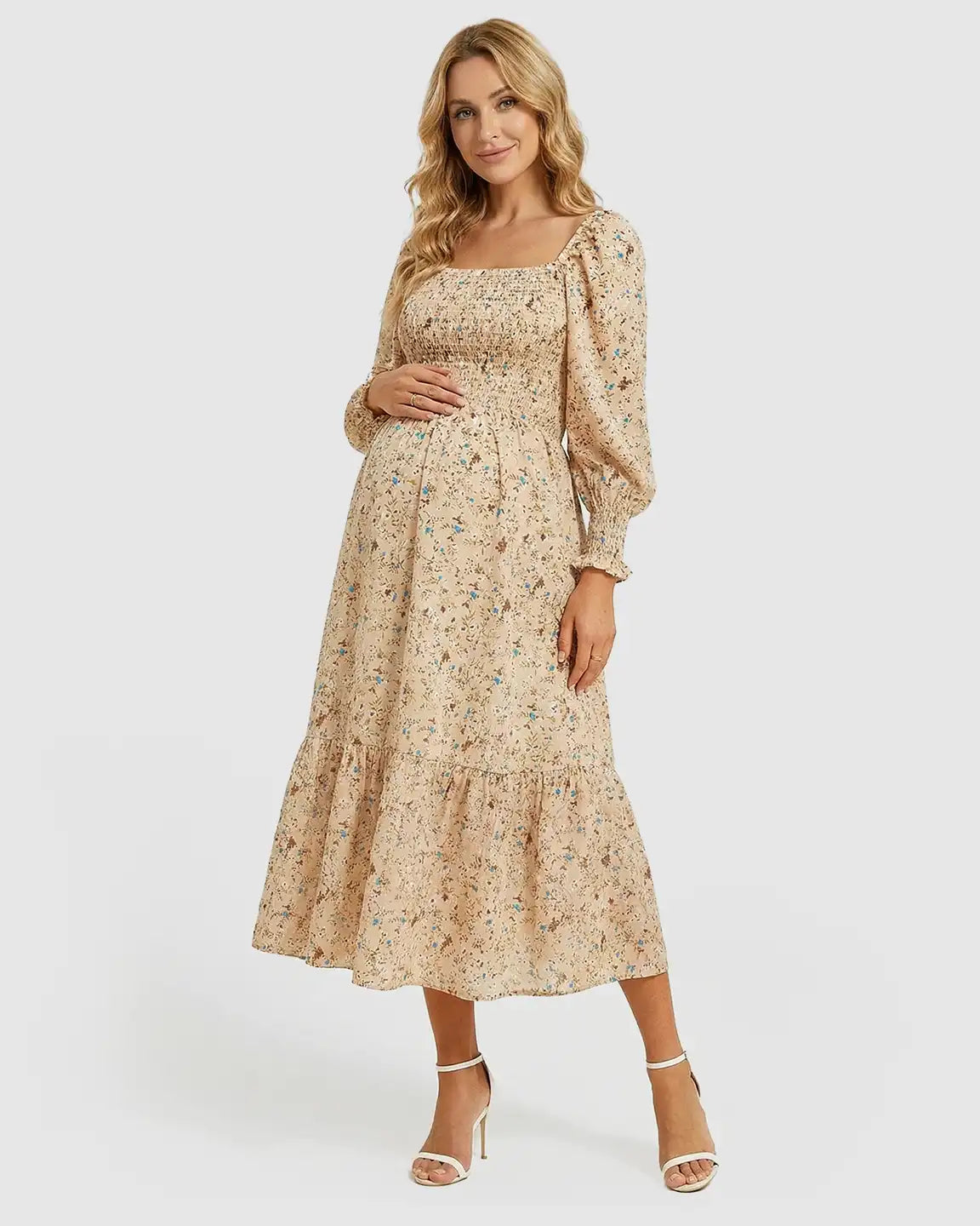 Wrinkle-Resistant Floral Maternity Midi Dress