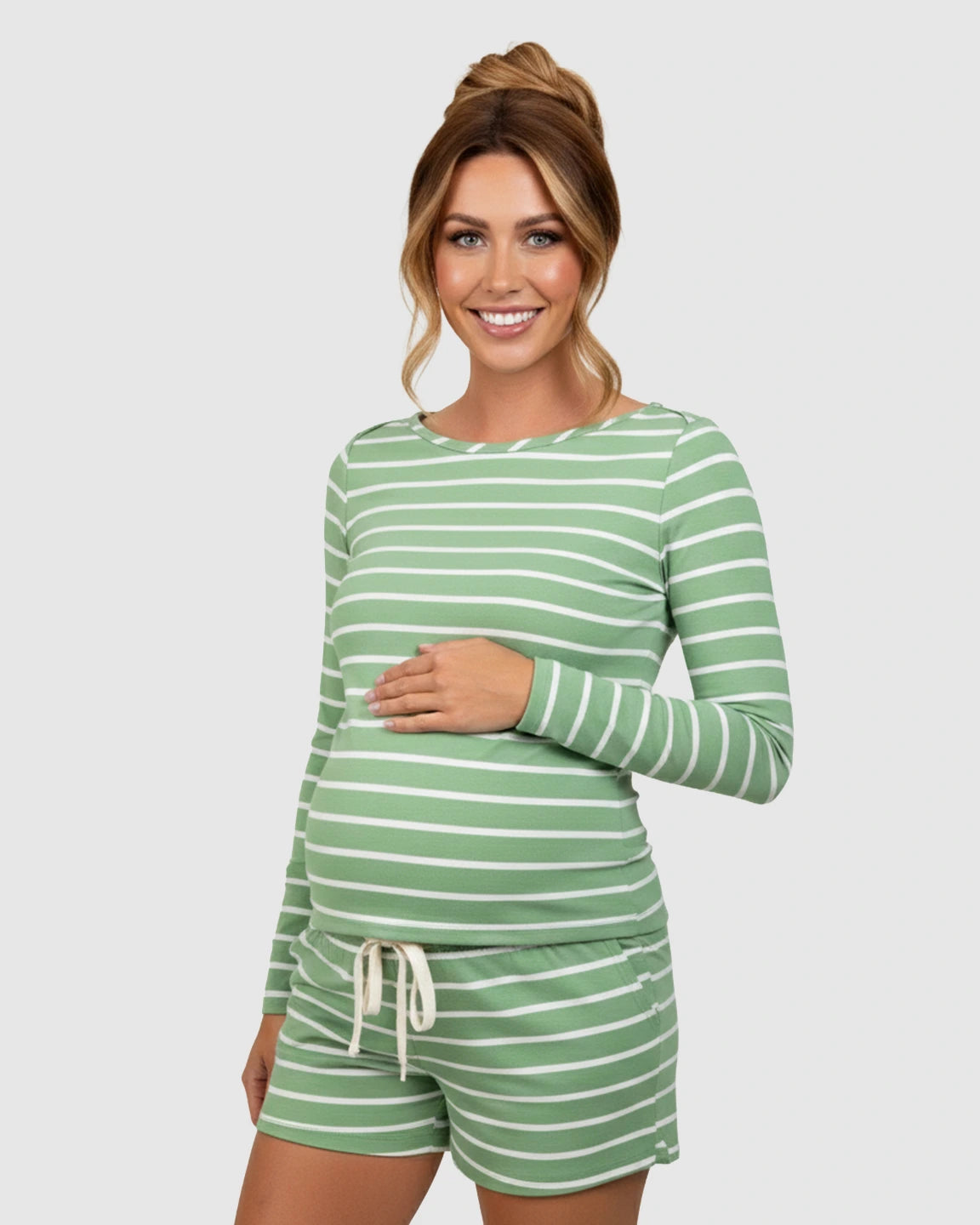 Green and White Striped Casual Maternity Lounge Set