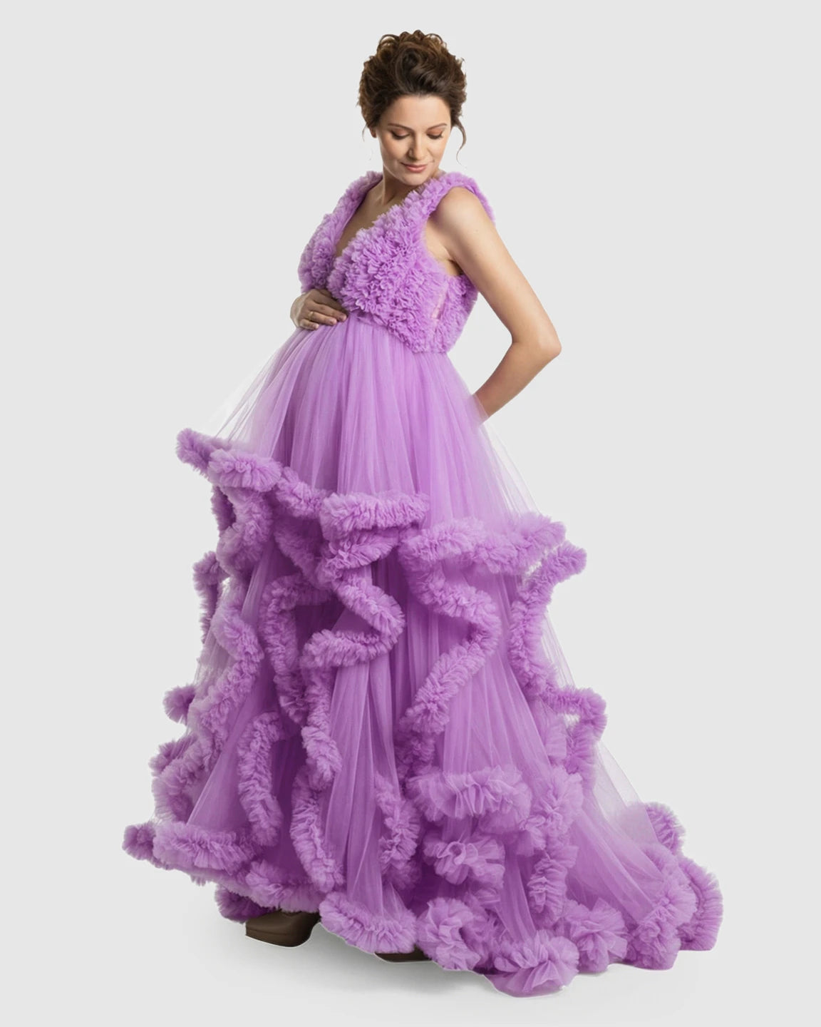 Ruffled Bodice Multi-Layer Mesh Pleats Maternity Gown