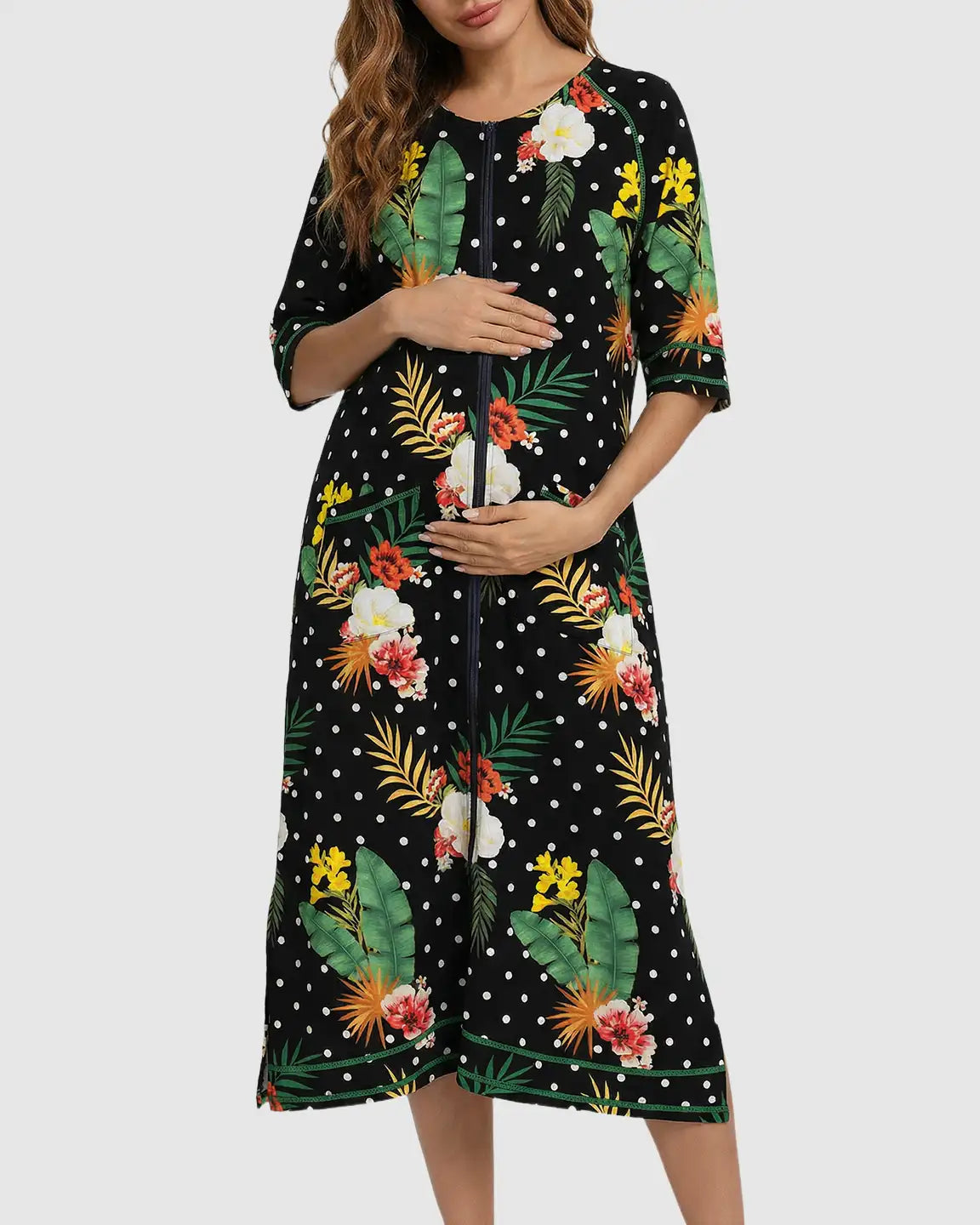 Zip-Front Tropical Print Maternity & Nursing Lounge Dress