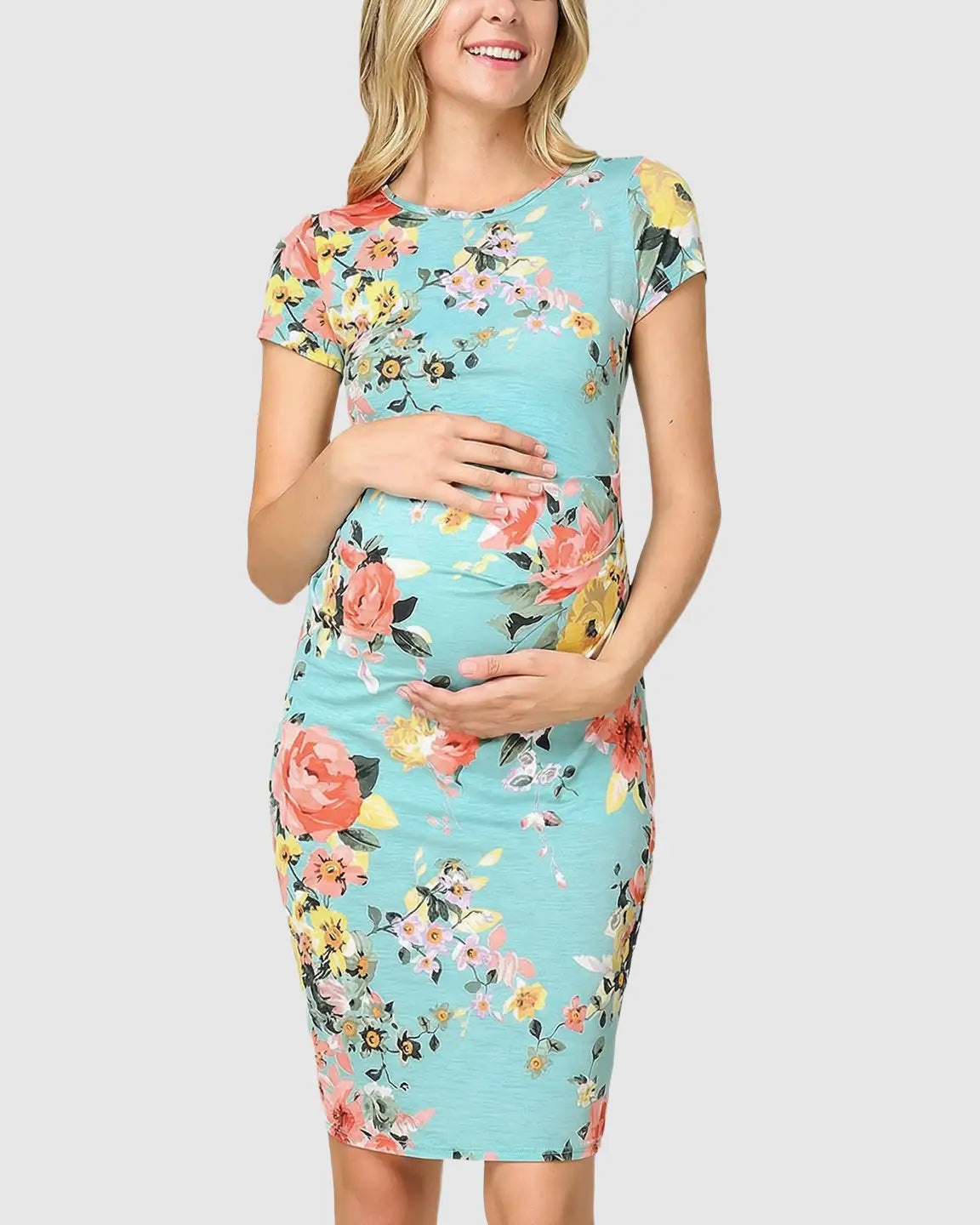 Stretch-Ruched Floral Maternity Midi Dress