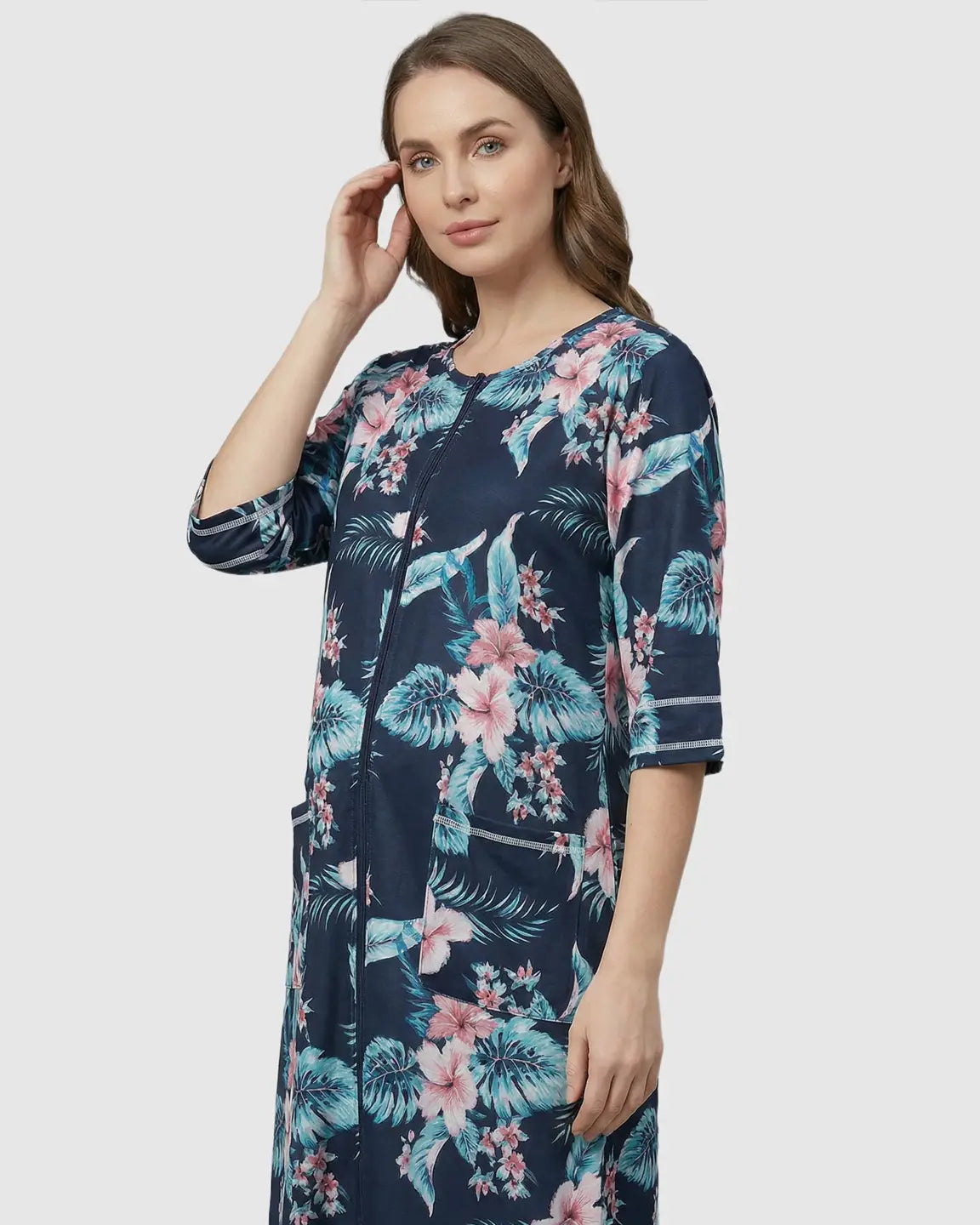 Front Zipper Casual Maternity Nursing Lounge Dress