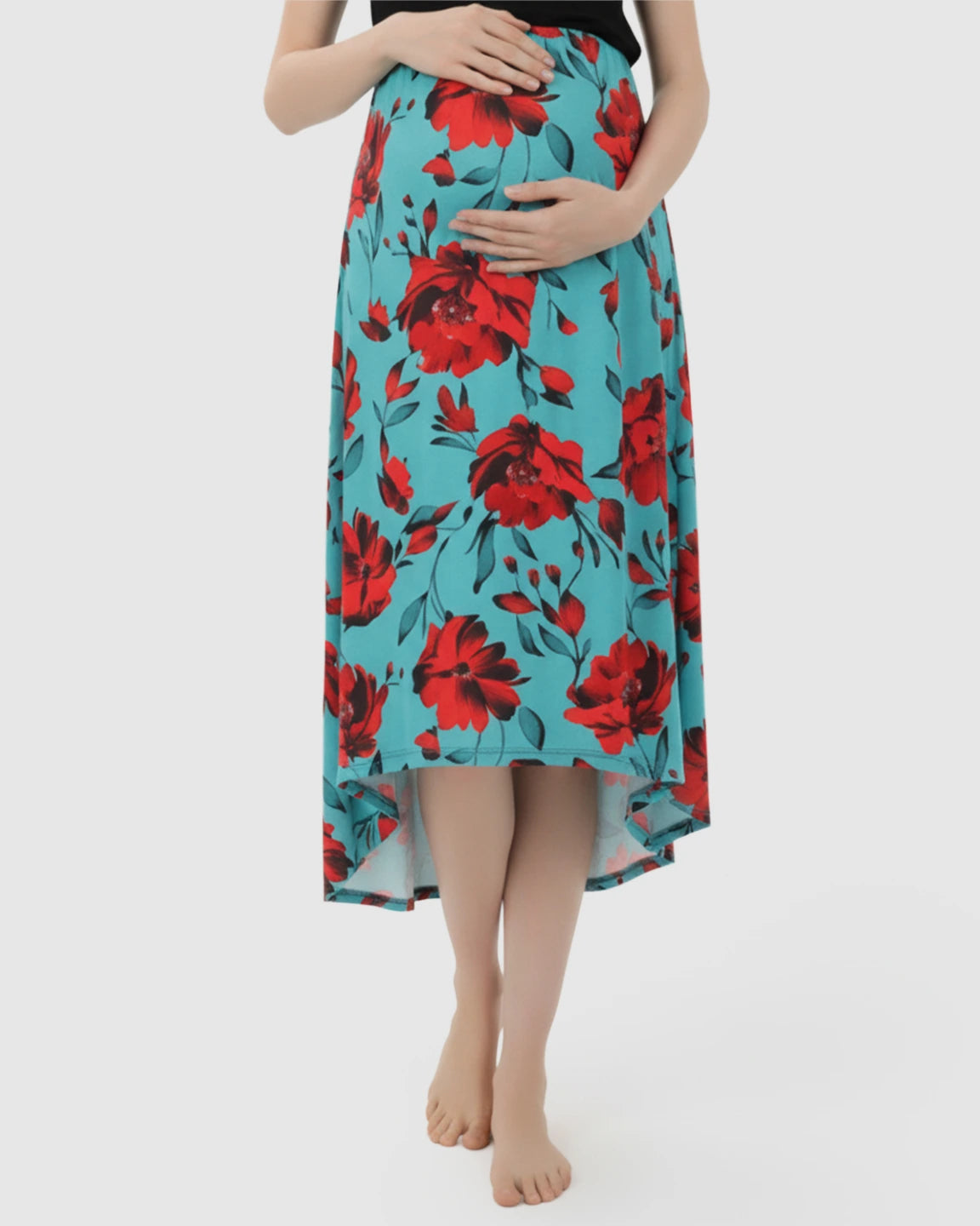Asymmetric-Floral Vintage Maternity Midi Dress