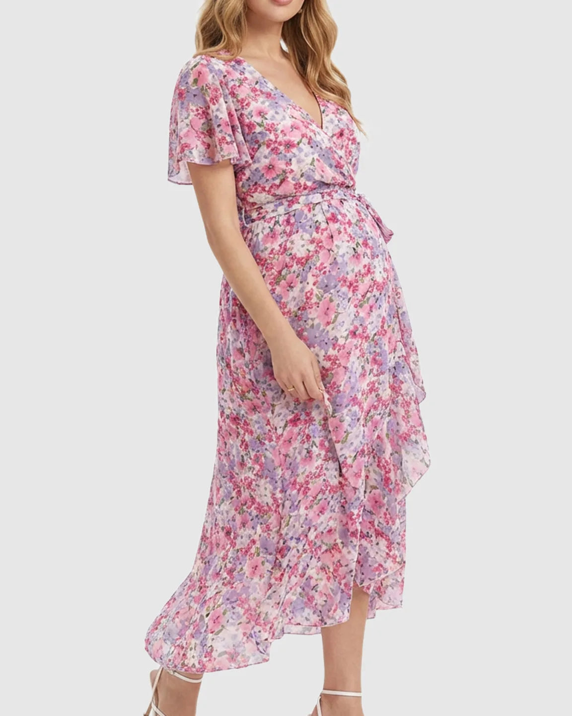 Floral V-neck Ruffled Hem Maternity Midi Dress