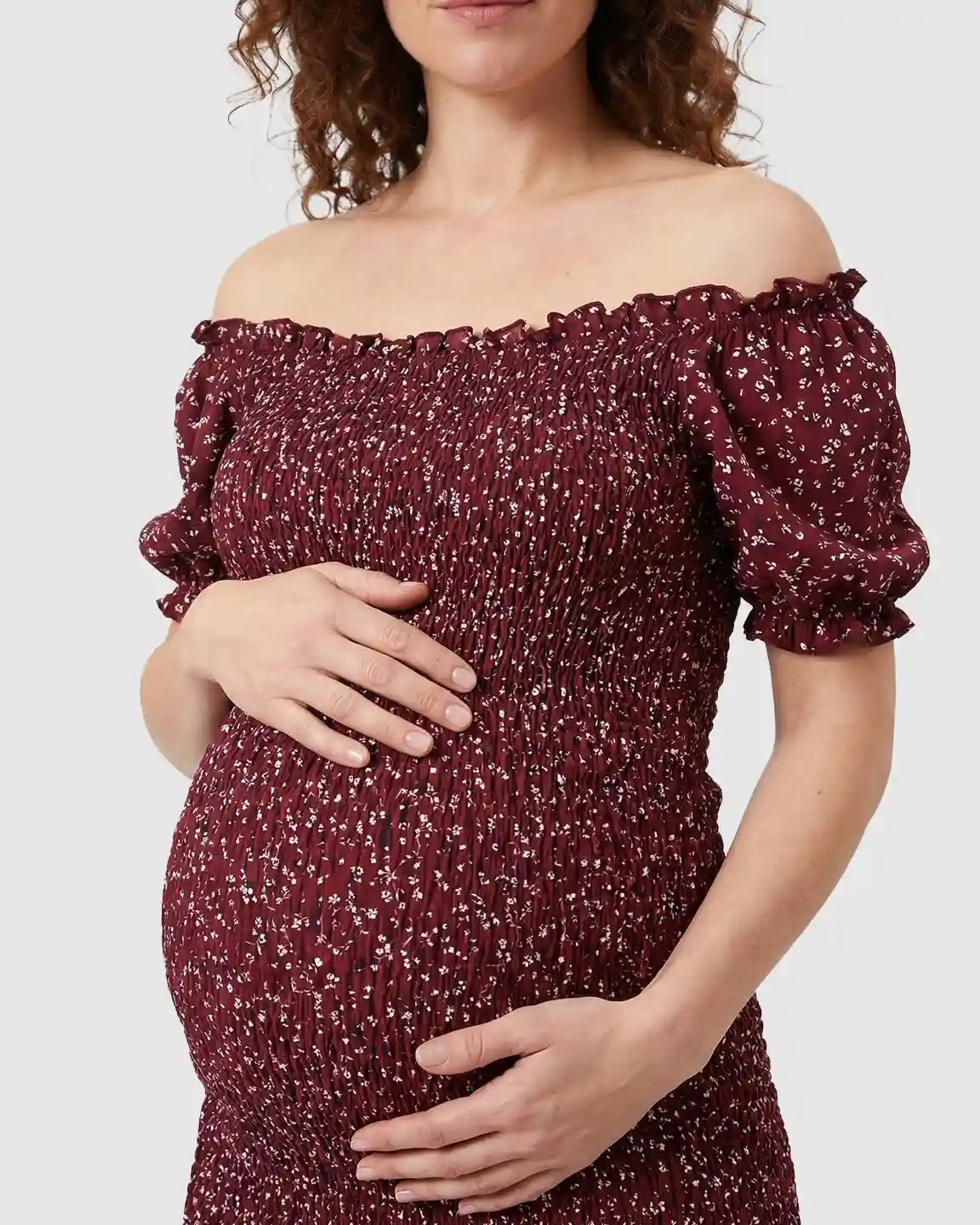 Off-Shoulder Smocked Floral Maternity Midi Dress