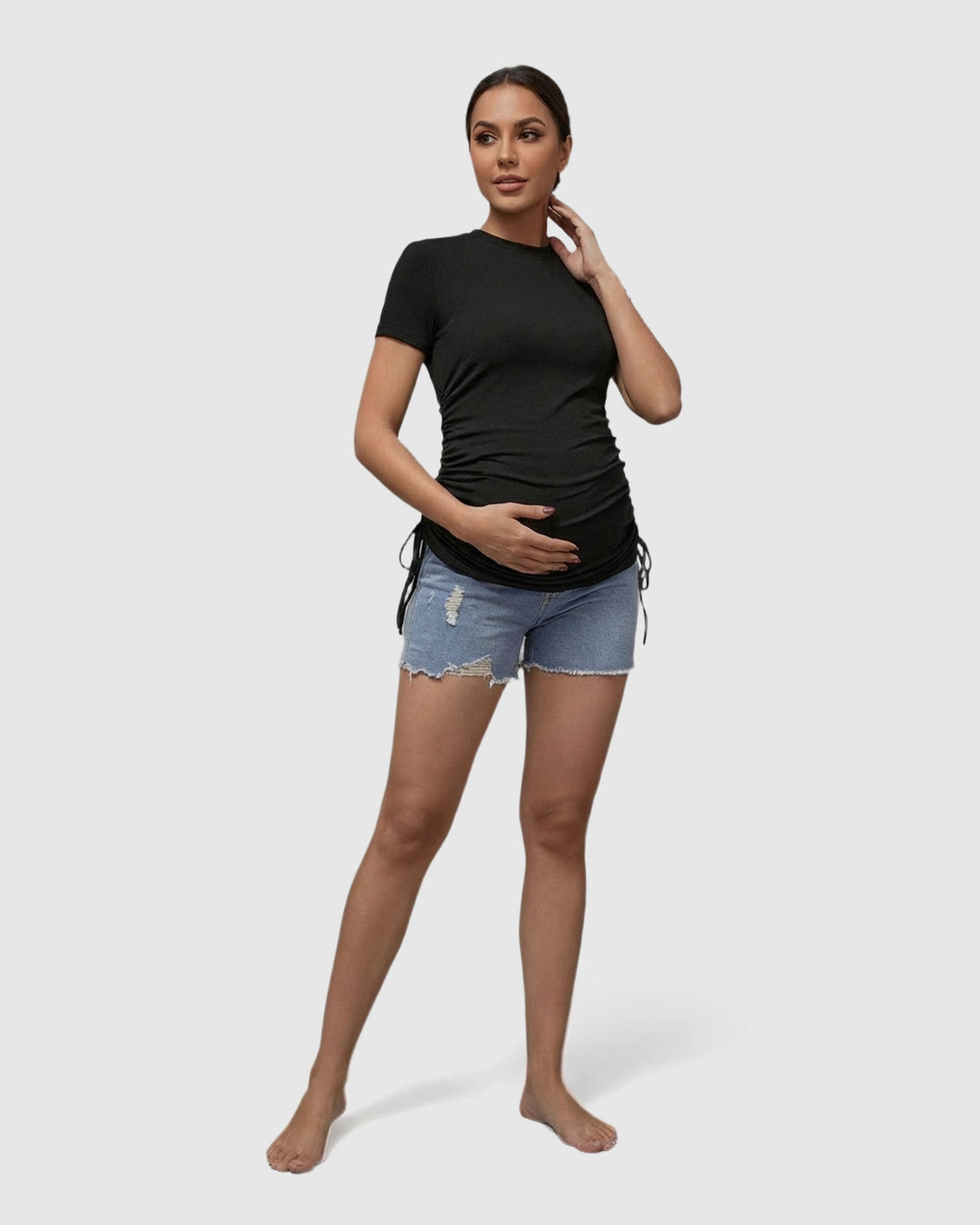 Ruched Waist Casual Maternity Top With Denim Shorts