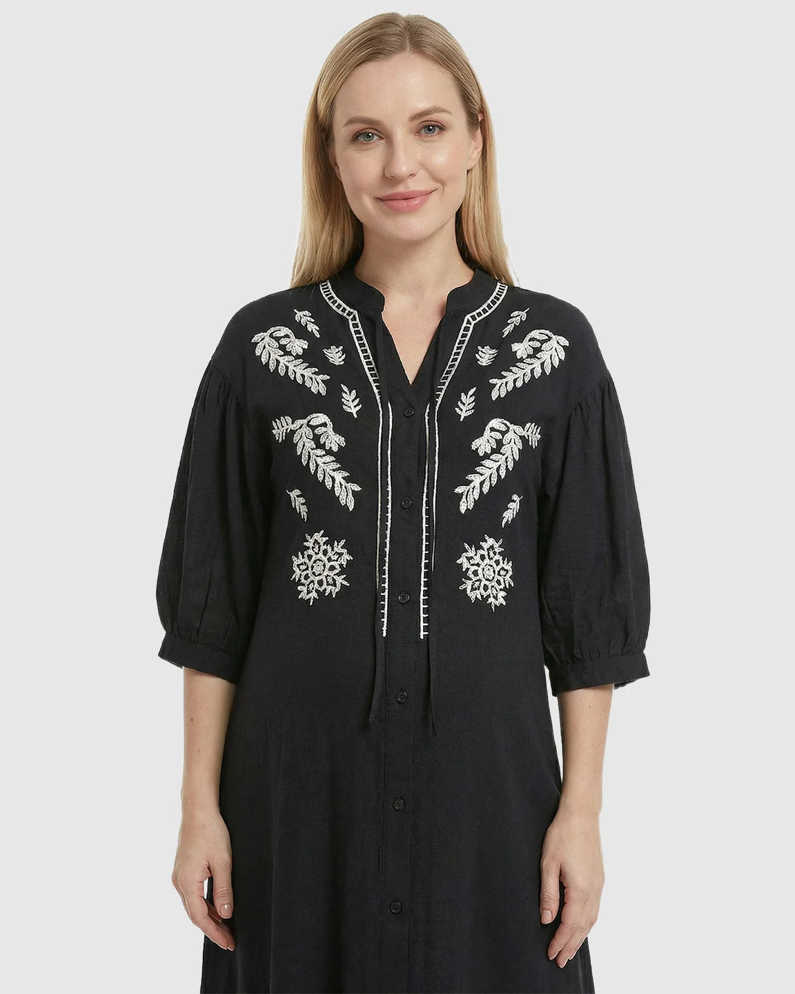 Embroidered Mandarin Collar Loose Maternity Midi Dress