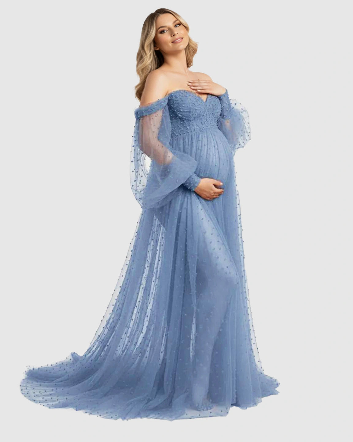Off-Shoulder Tulle Train Maternity Gown