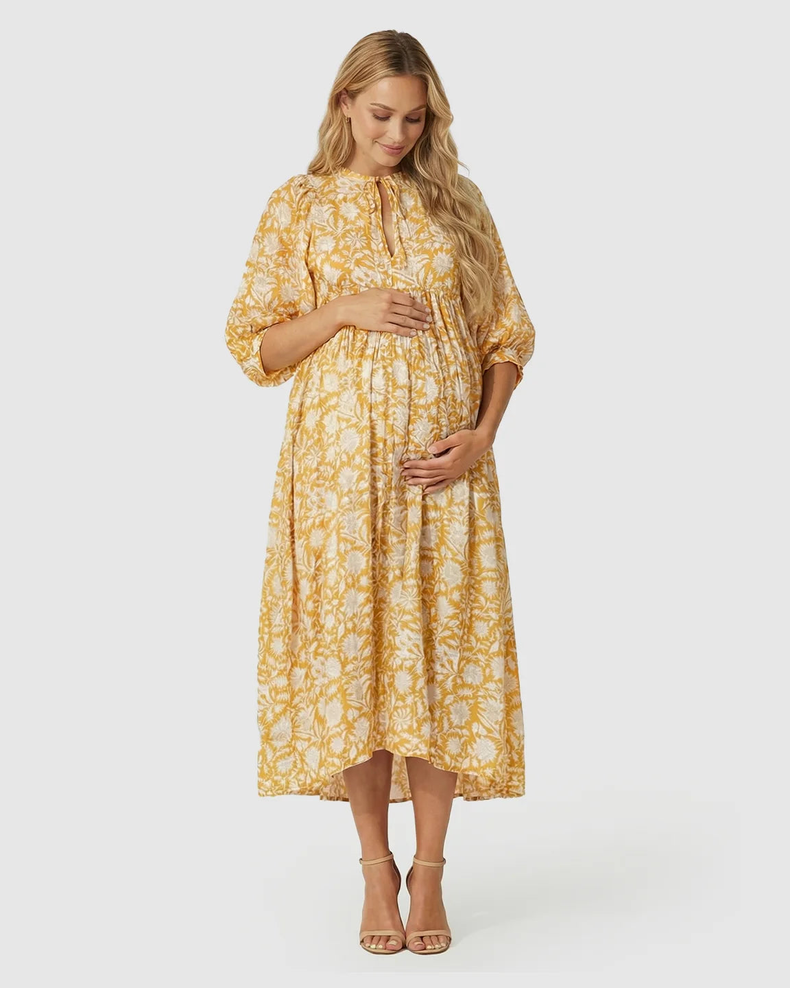 Gathered Waist Floral Print Maternity Midi Dress