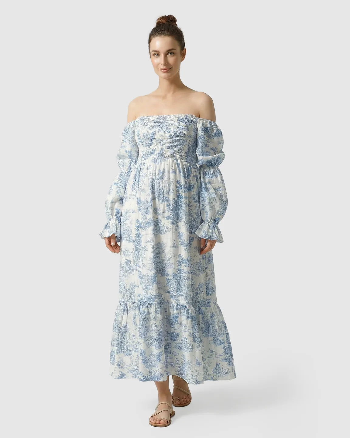 Puff Sleeves Floral Tiered Maternity Maxi Dress